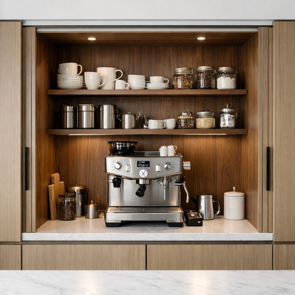 Sleek walnut appliance garage and hidden storage for smart kitchen renovations in Red Deer.