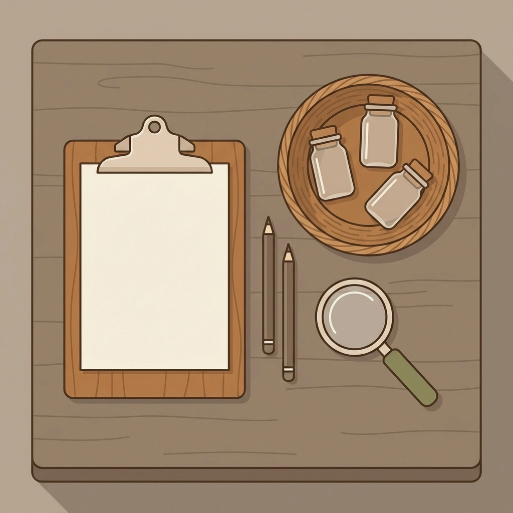 Scavenger hunt supplies including clipboard, pencils, basket, and jars neatly arranged on a farm table.