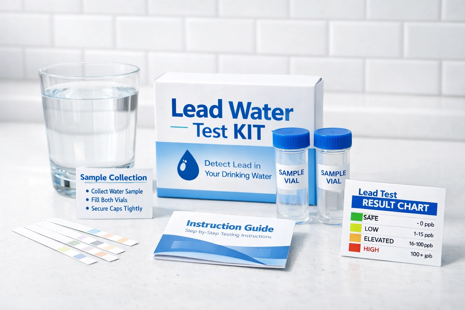 Lead water testing kit with test strips and vials for home water safety