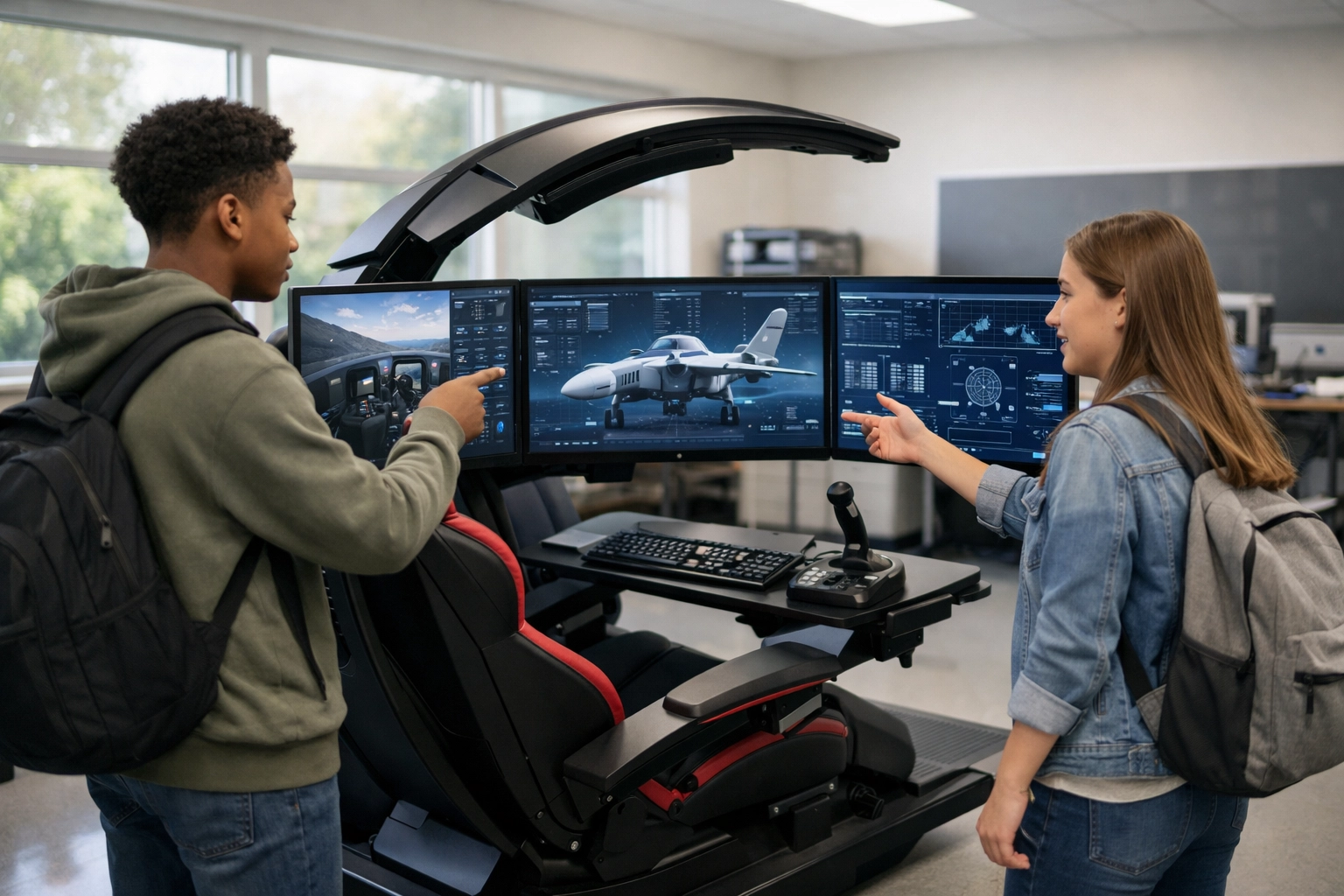 High school students using an advanced digital simulation pod for educational esports programs.