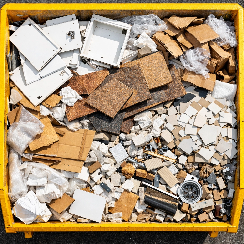 8 tonne skip filled with kitchen renovation waste including cabinets, tiles and building materials