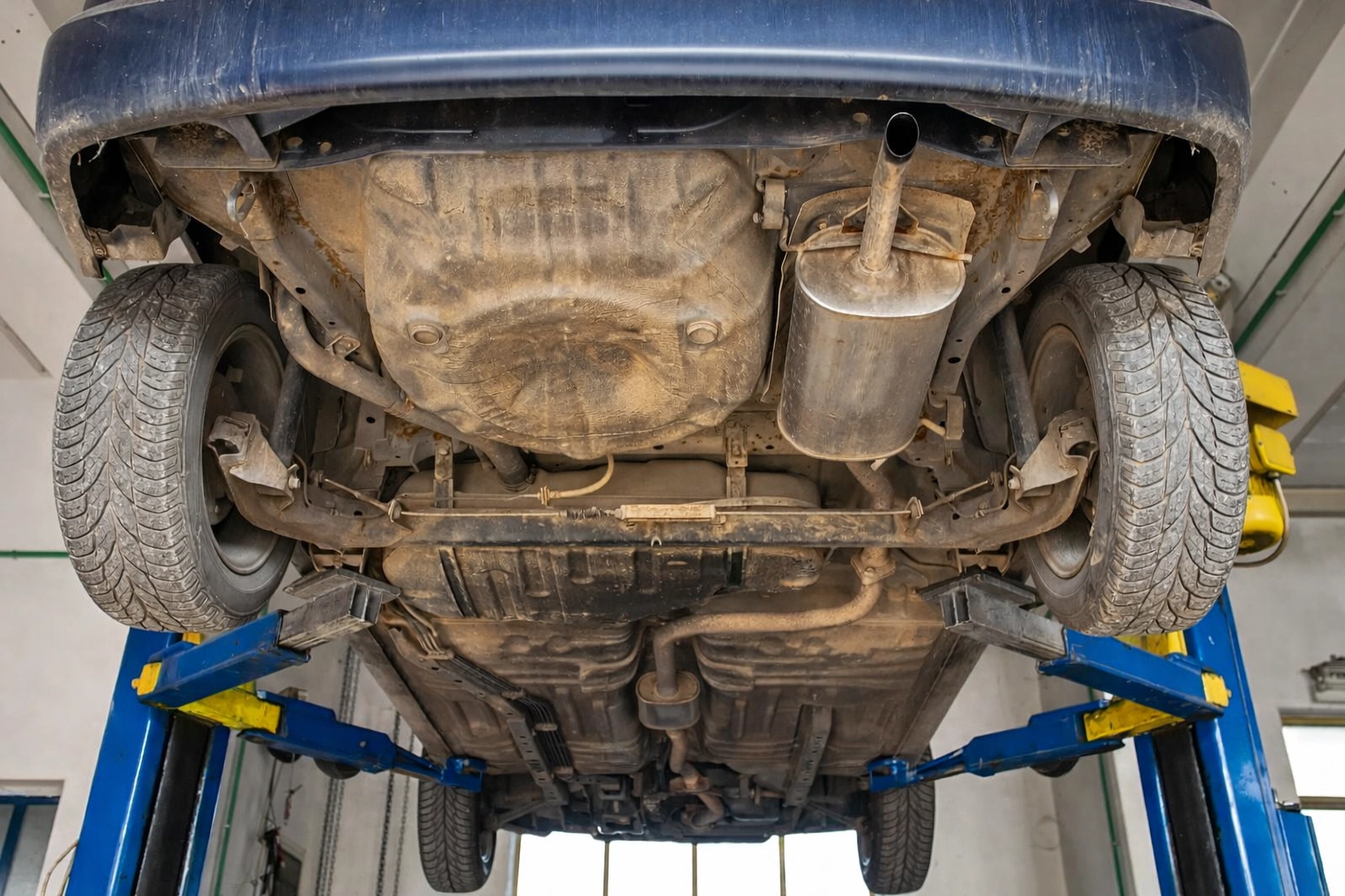Vehicle on lift for undercarriage cleaning at Tay’s Auto Detailing (Fort Wayne) to remove winter salt and brine.