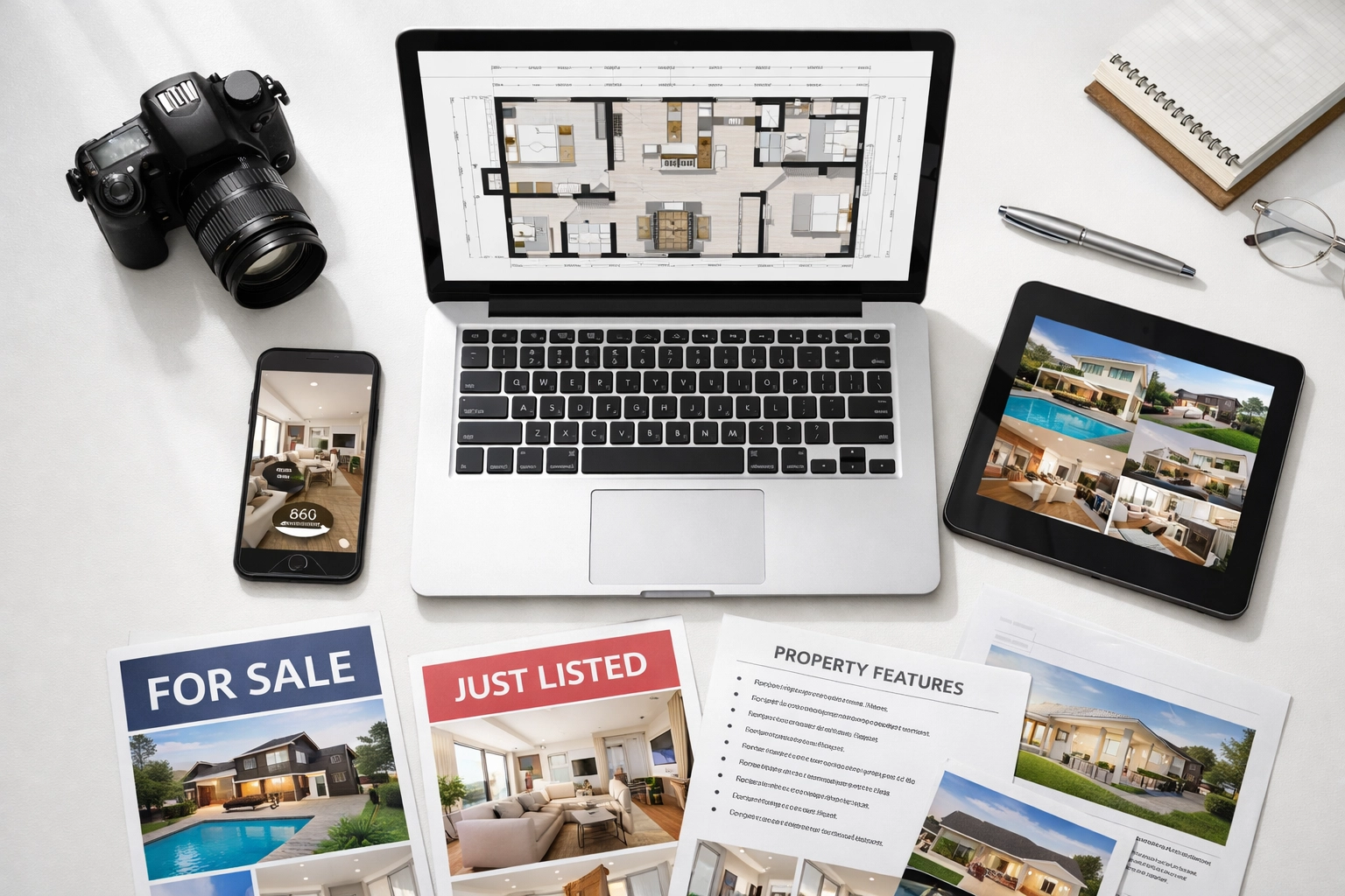 Real estate agent workspace with laptop showing floor plans and 3D tour technology