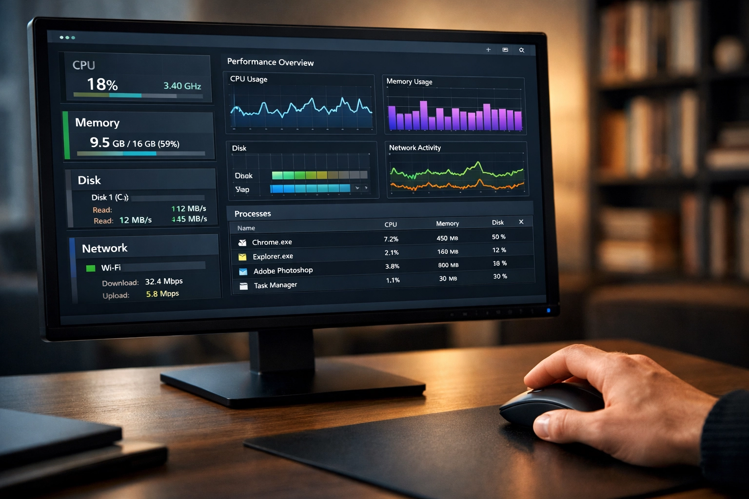 Task manager displaying system performance metrics on computer monitor screen