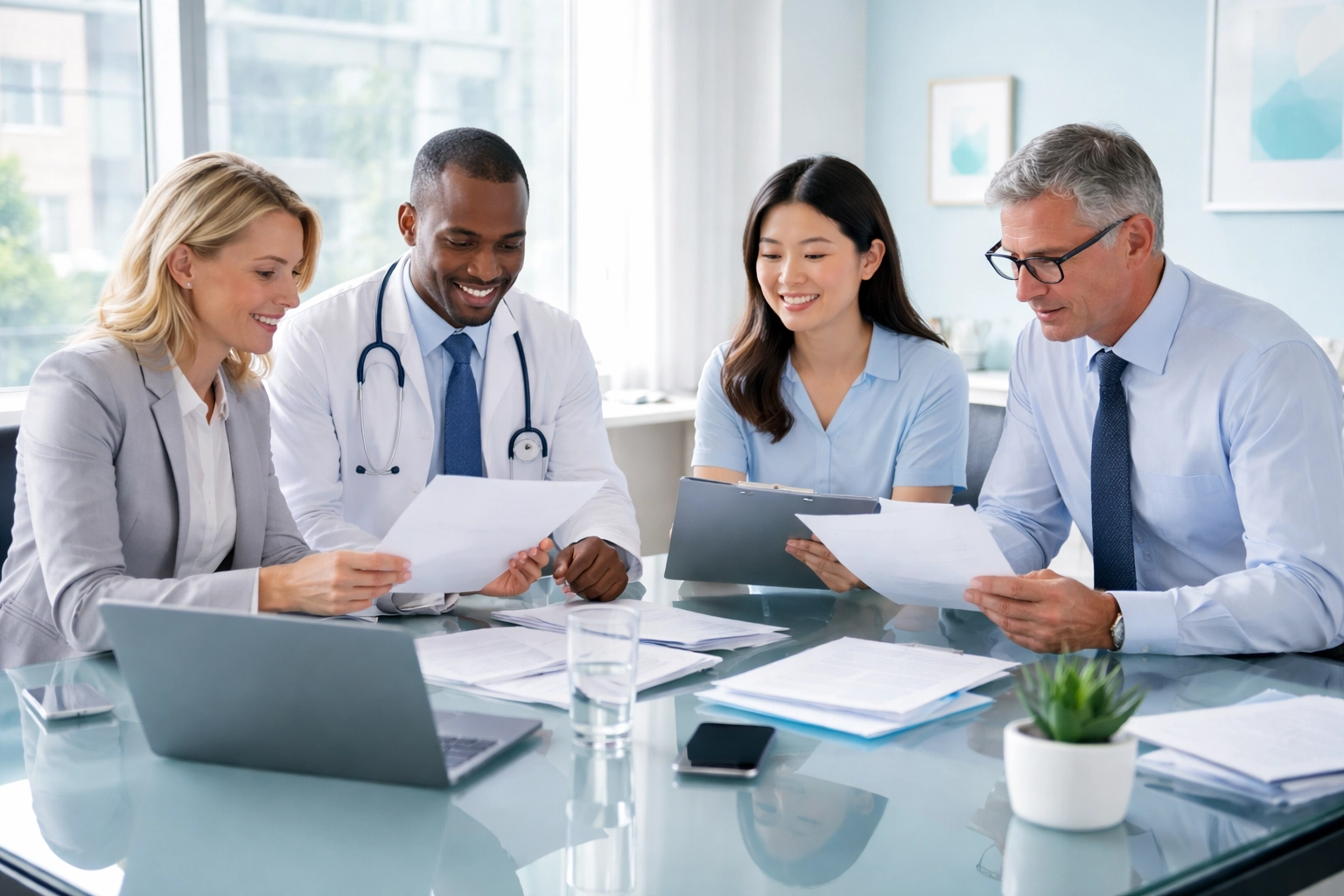 Healthcare compliance team collaborating on ASCQR reporting in a modern conference room