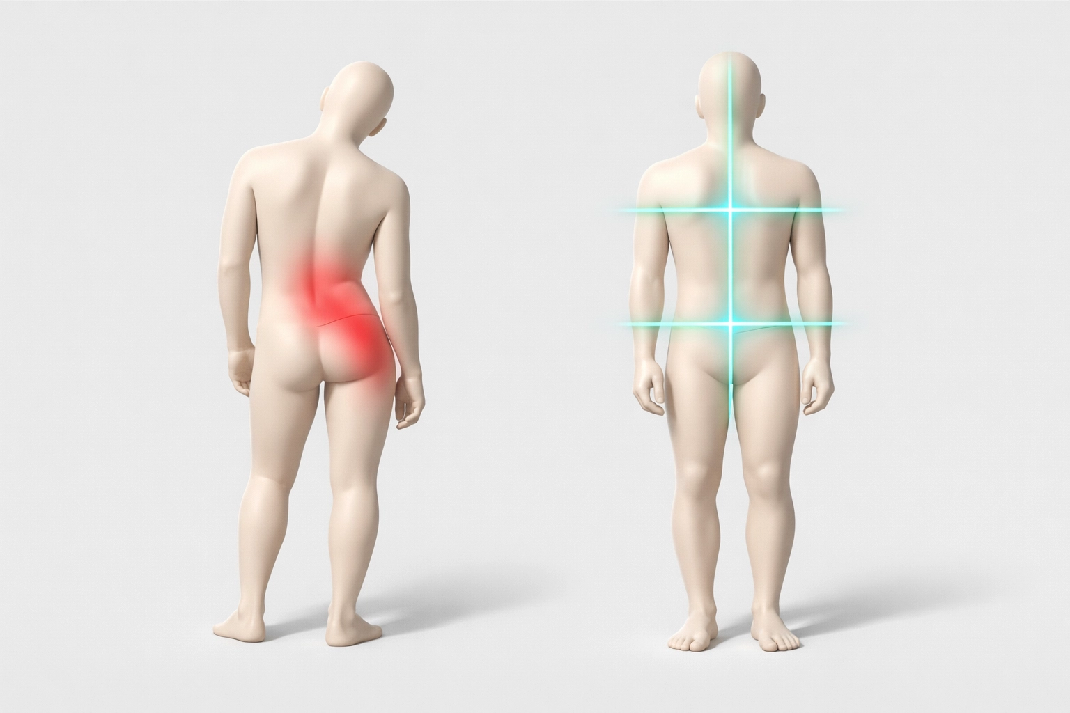 Body imbalance vs balanced alignment showing sciatica risk factors