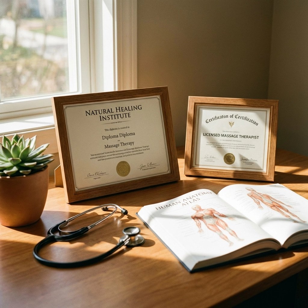 Registered massage therapist reviewing credentials and a client intake form in an Edmonton clinic