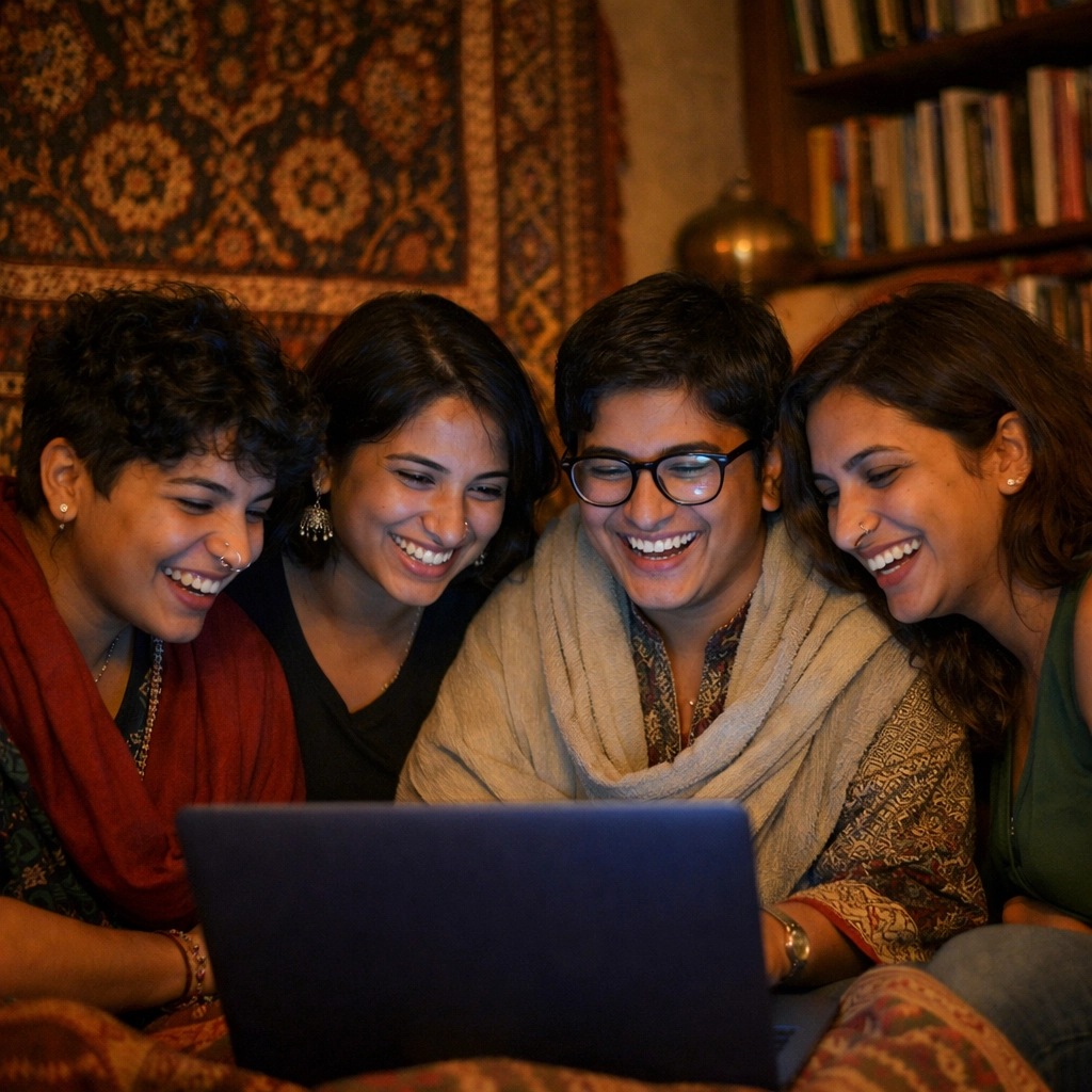 Queer South Asian friends find community and solidarity around a laptop in a private home setting.