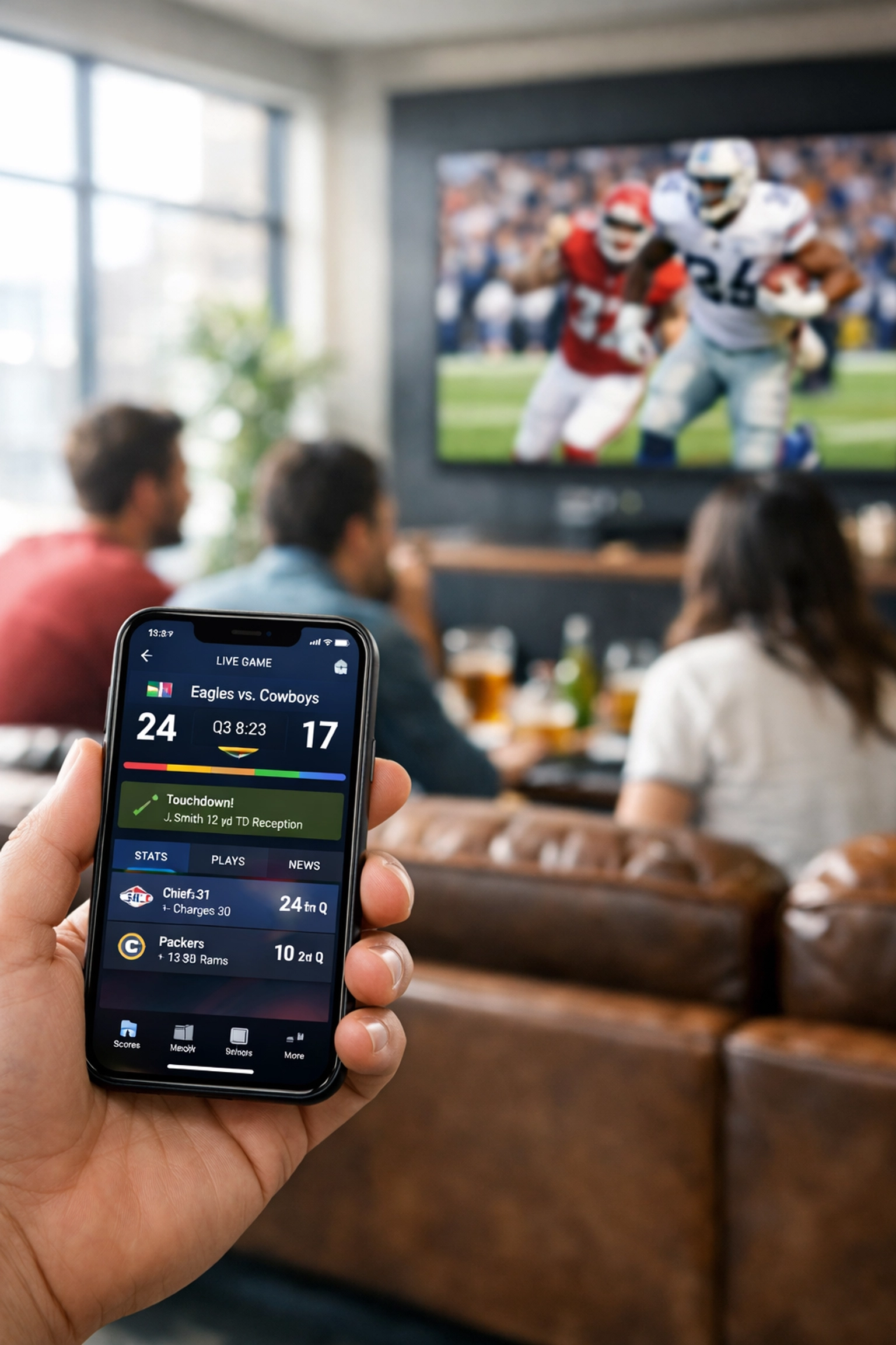 A sports fan using a smartphone second screen during a Super Bowl 2026 broadcast.