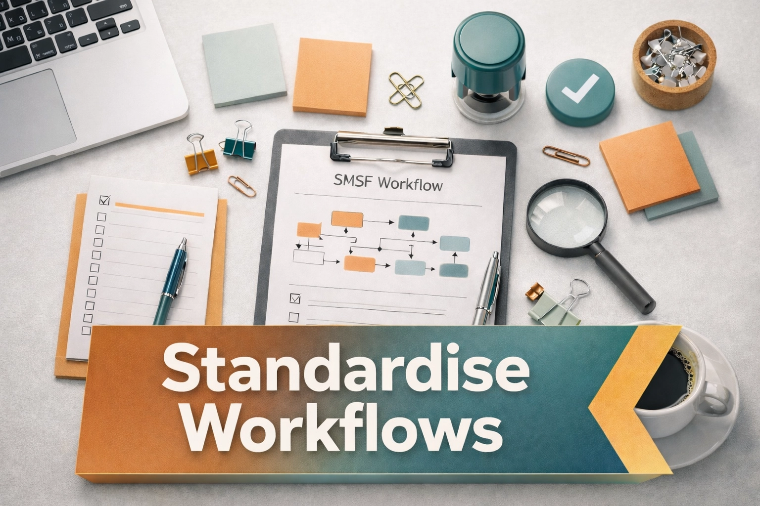 Organized SMSF workflow documentation and quality checklists on modern office desk