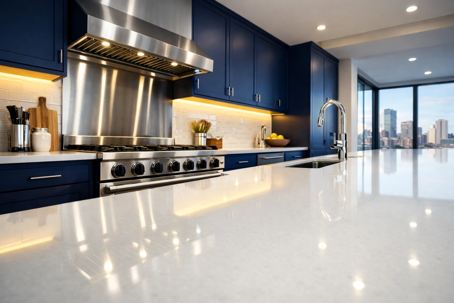 A grease-free luxury kitchen with quartz countertops following a ninja-level Apartment Cleaning Boston deep clean.