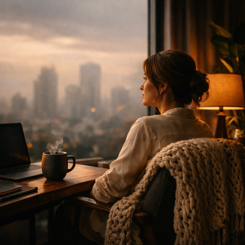 A professional woman reflecting in her home office, overcoming imposter syndrome to start her work day.