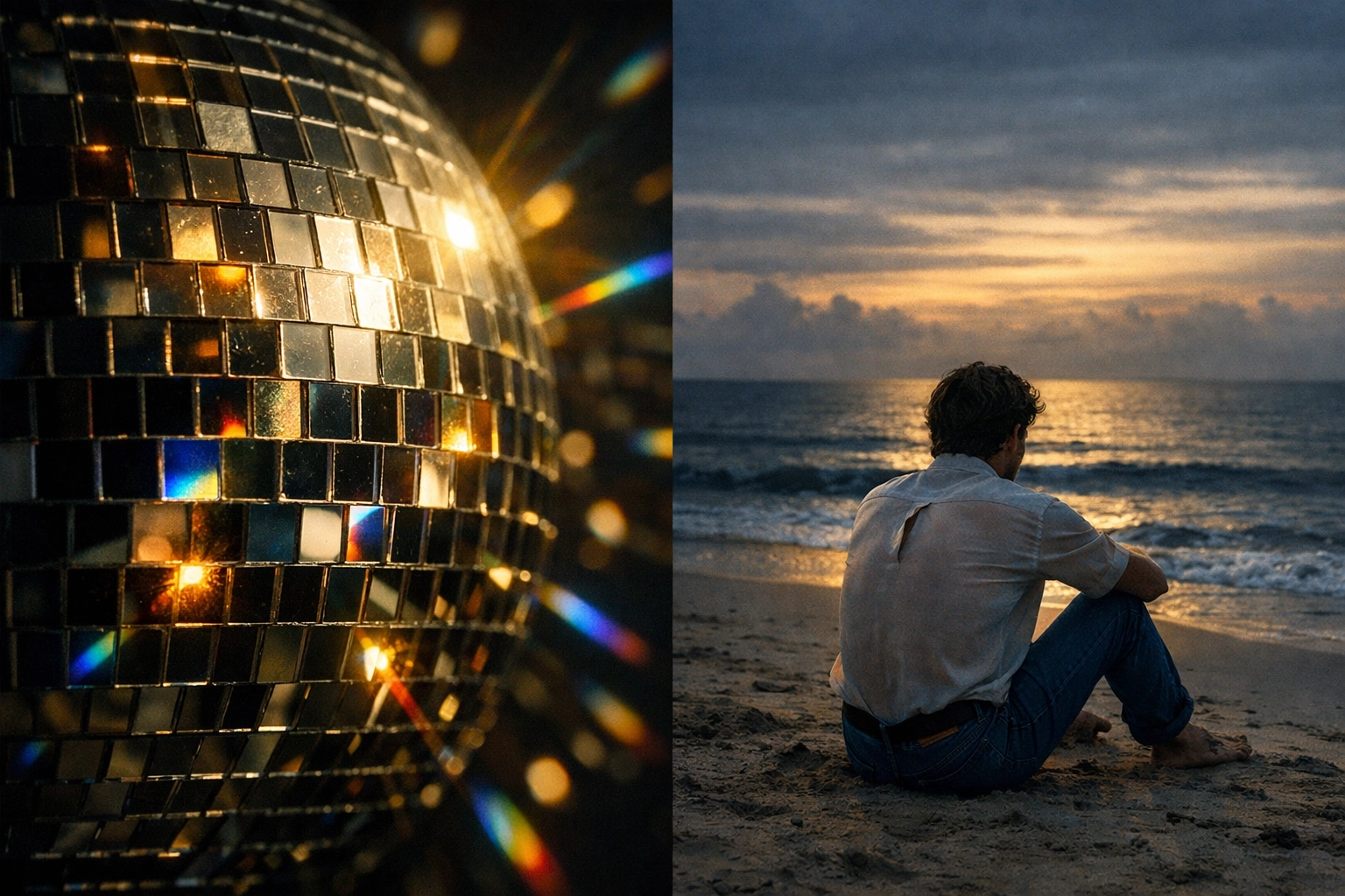Disco ball and solitary man on beach representing glamour and loneliness in 1970s gay literature