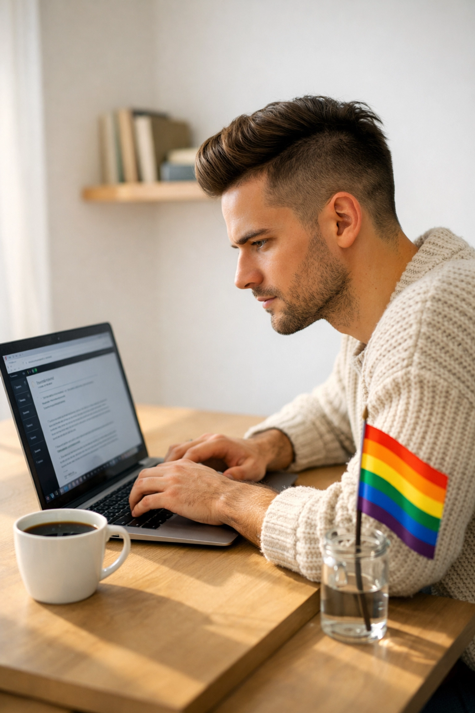 A gay book blogger focusing on his laptop, crafting SEO headlines for MM romance reviews.