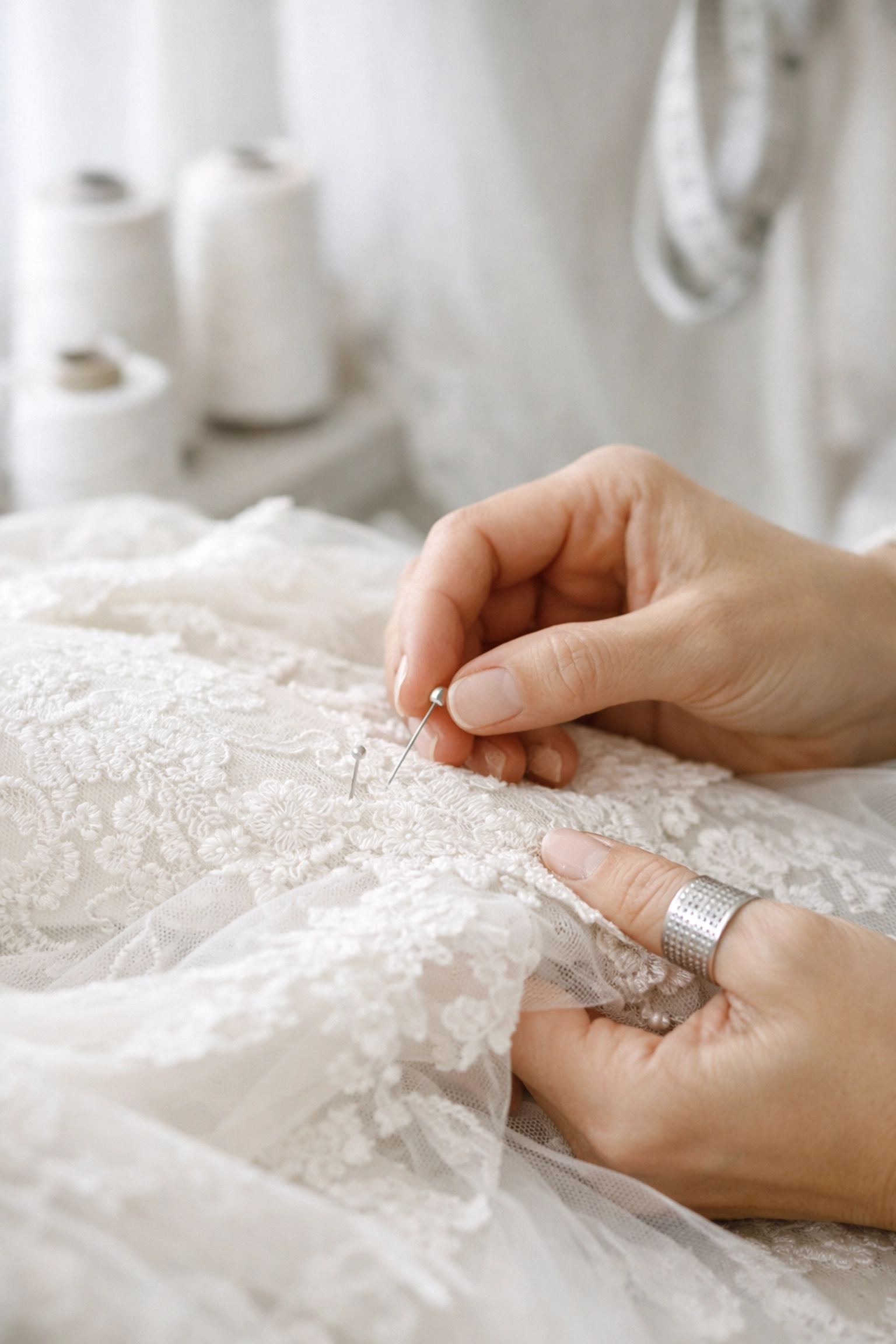 Close-up of professional wedding dress alterations on an ivory lace gown at Gail's Wedding Emporium.