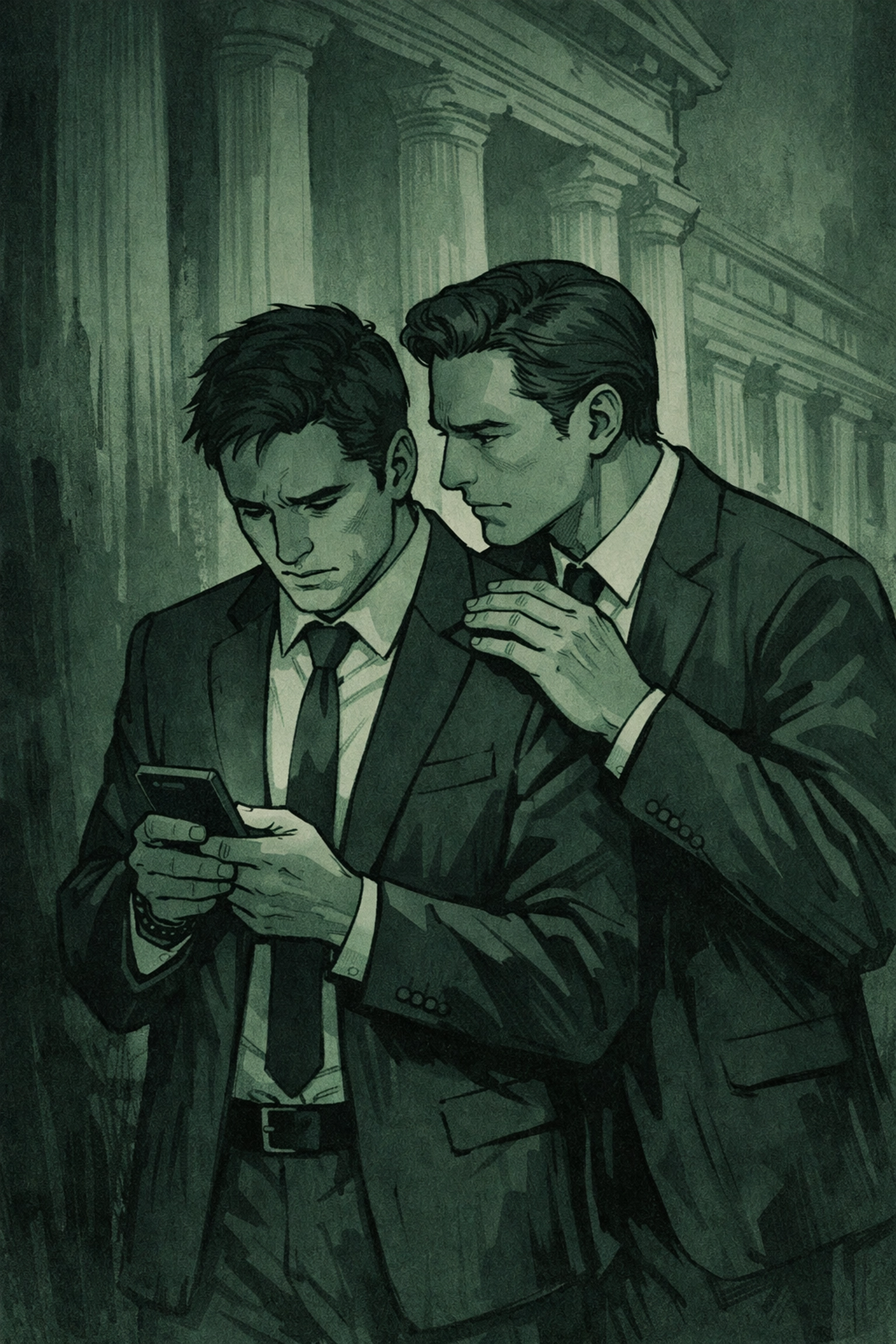 Two men in suits share intimate moment outside political building - forbidden gay romance illustration