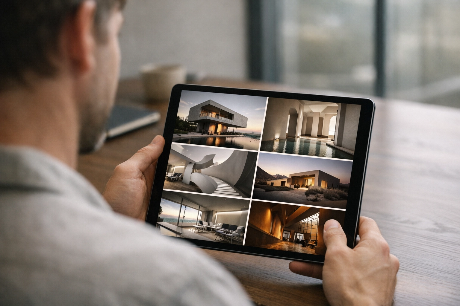 Professional photographer reviewing a digital portfolio on a tablet to secure new photography jobs.