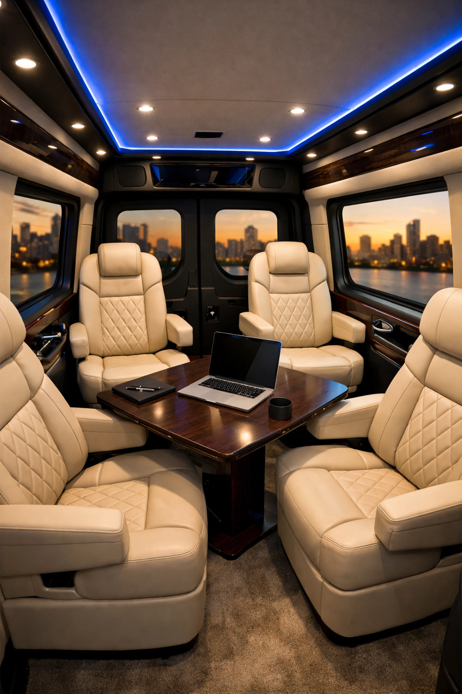 Luxury executive Sprinter van interior for corporate travel during the Super Bowl Blitz.