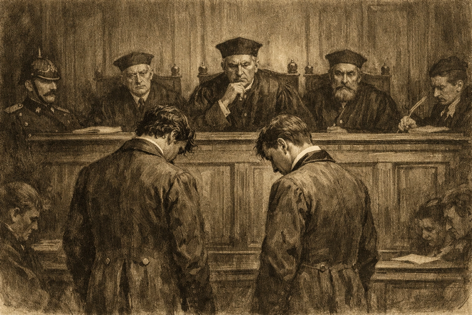 German courtroom scene showing Paragraph 175 persecution of gay men in 19th century