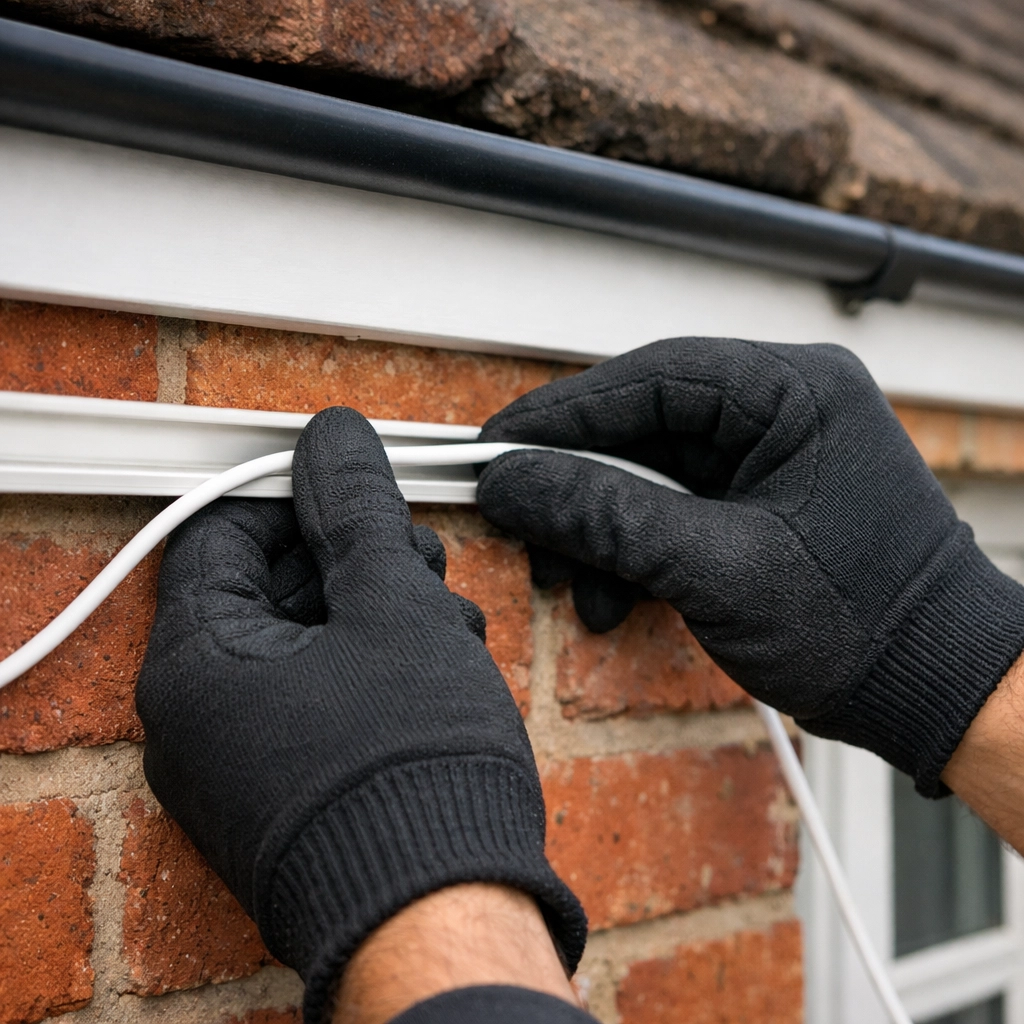 Professional CCTV installers performing a neat cable installation on a Bournemouth home.