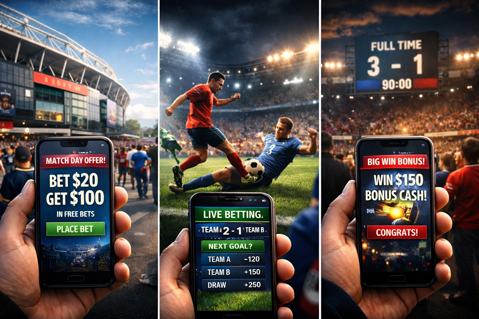 Dynamic sports betting ads shown across pre-match, live betting, and post-match phases