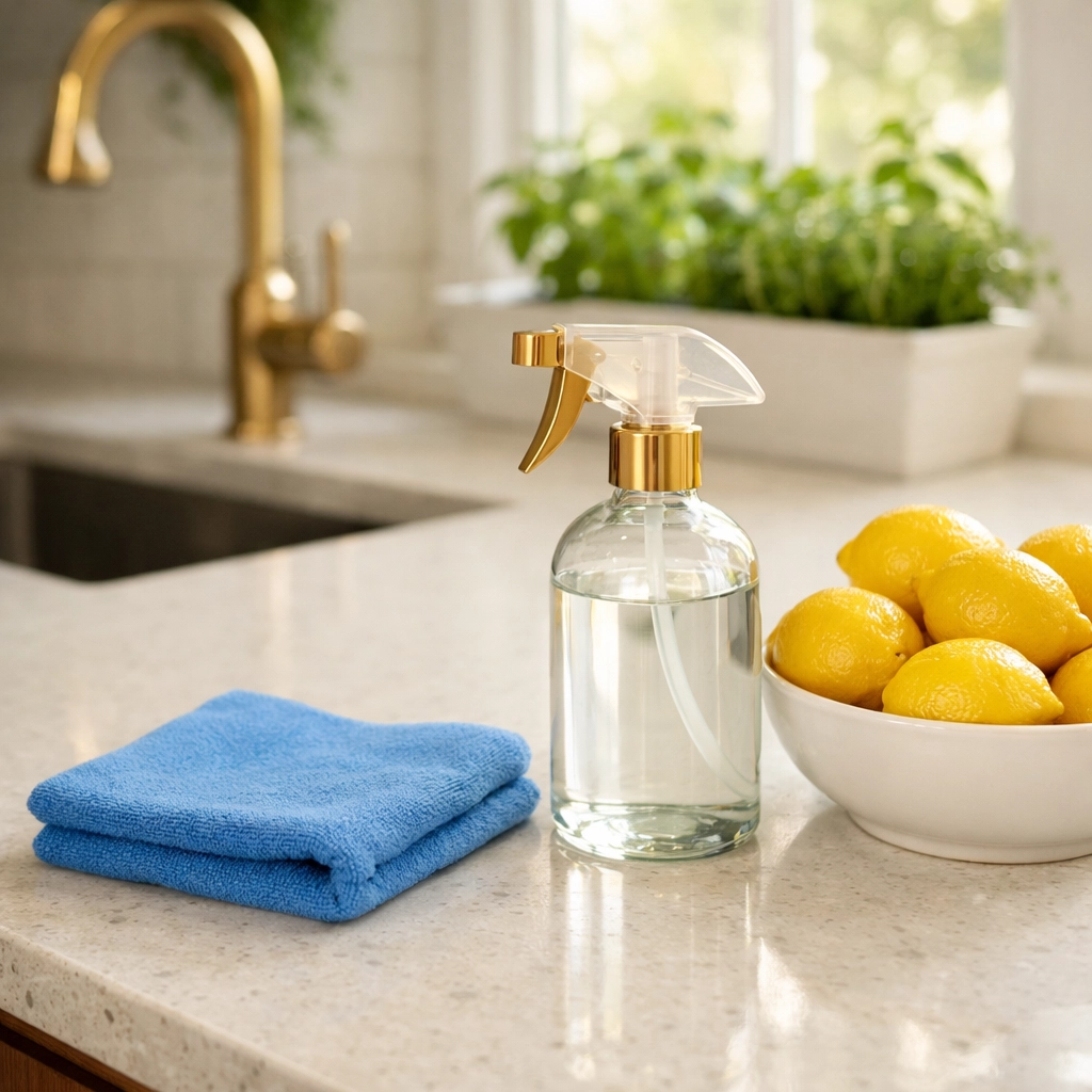 Modern kitchen featuring eco-friendly house cleaning Hubbardston MA on white quartz countertops.
