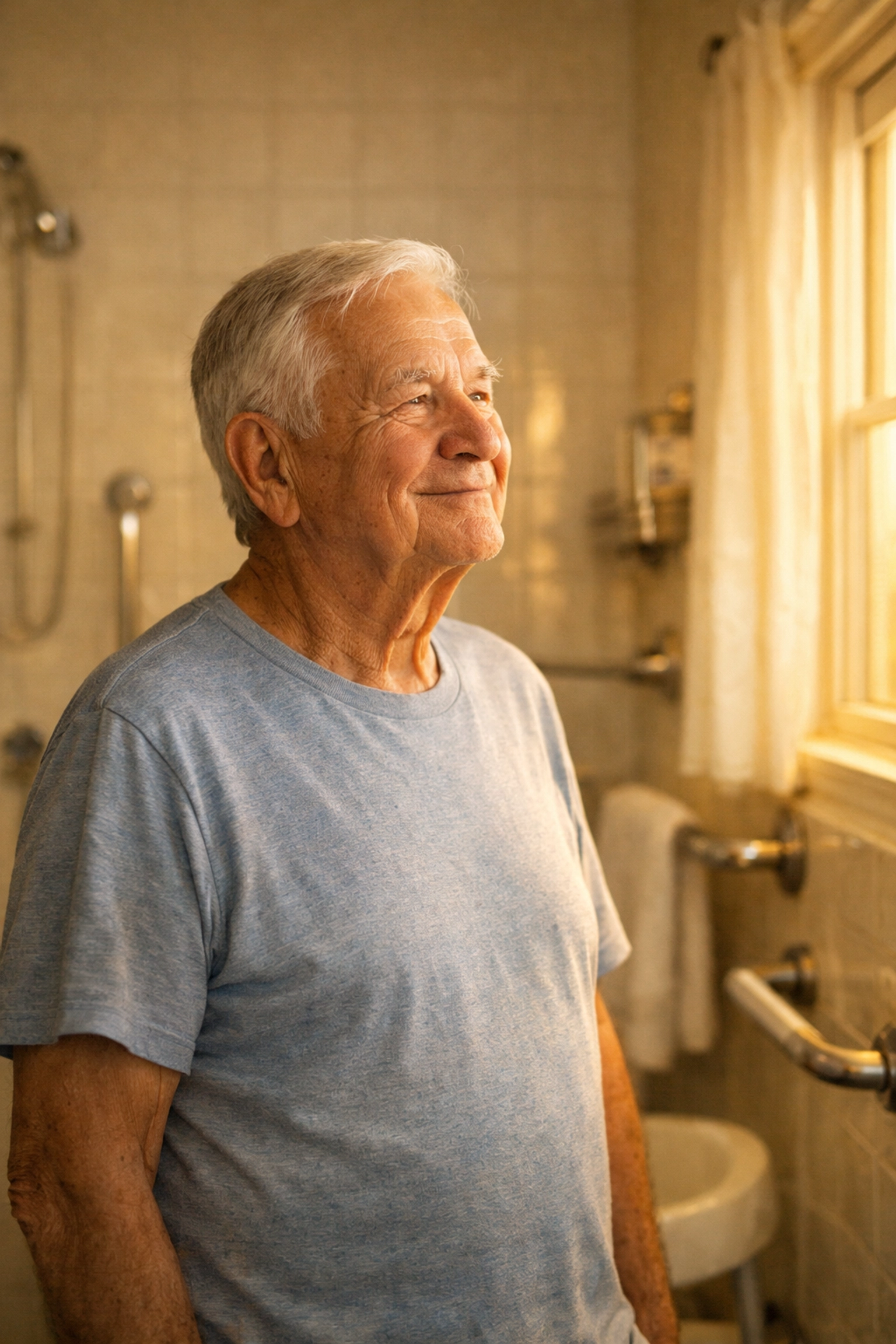 Senior man standing confidently in a safe bathroom with fall prevention aids.