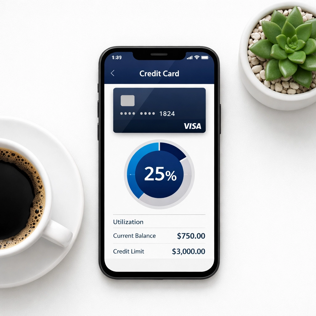 Smartphone showing credit utilization at 25% for maintaining good credit score habits