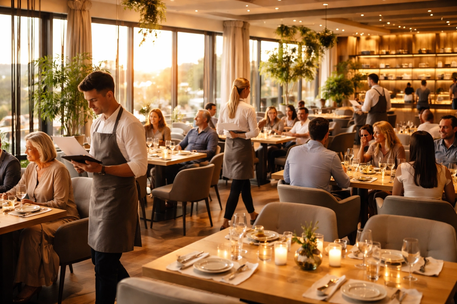 Modern restaurant dining room during golden hour, showcasing efficient service and table turnover improvements