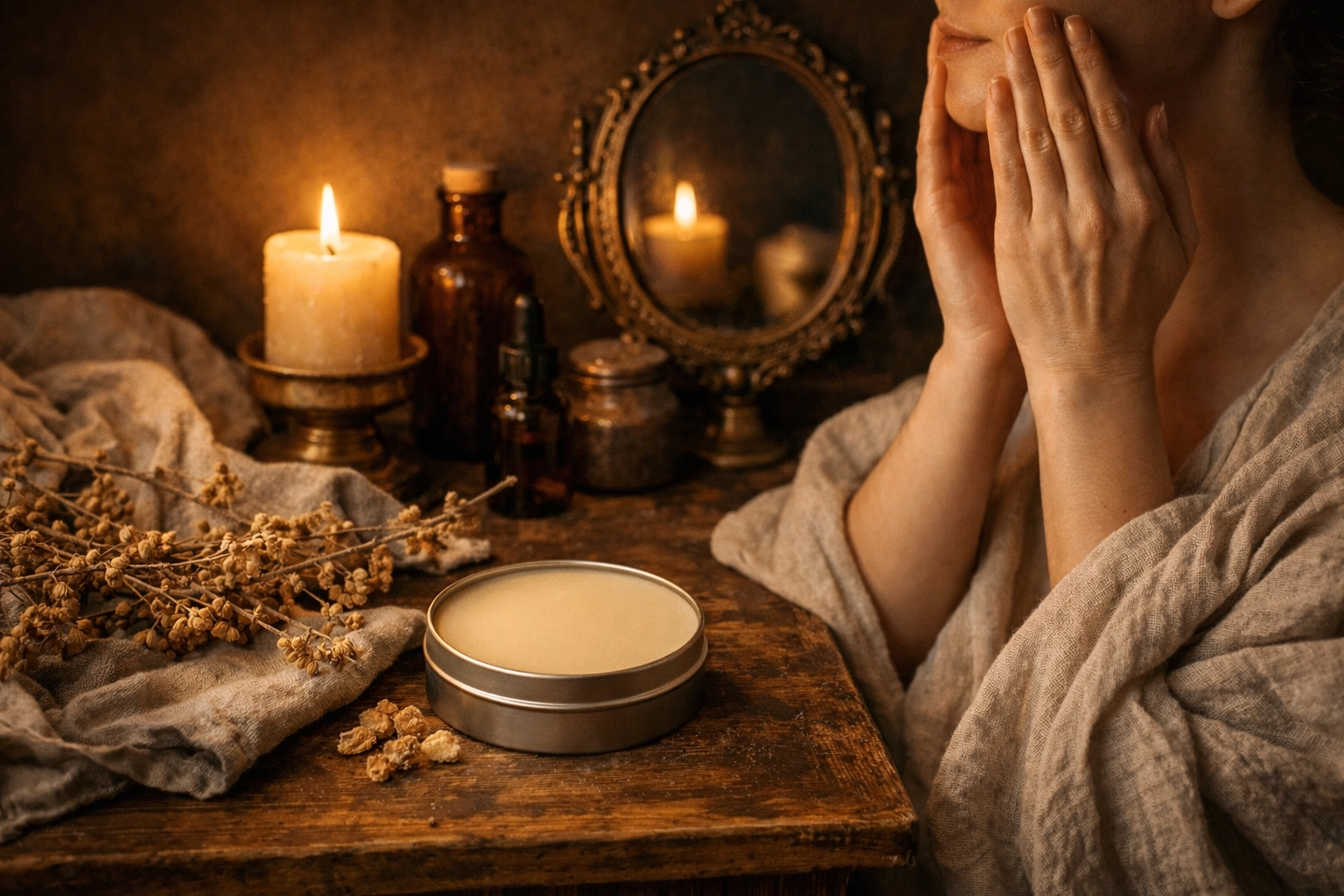 Evening skincare ritual applying King's Offering frankincense tallow balm by candlelight