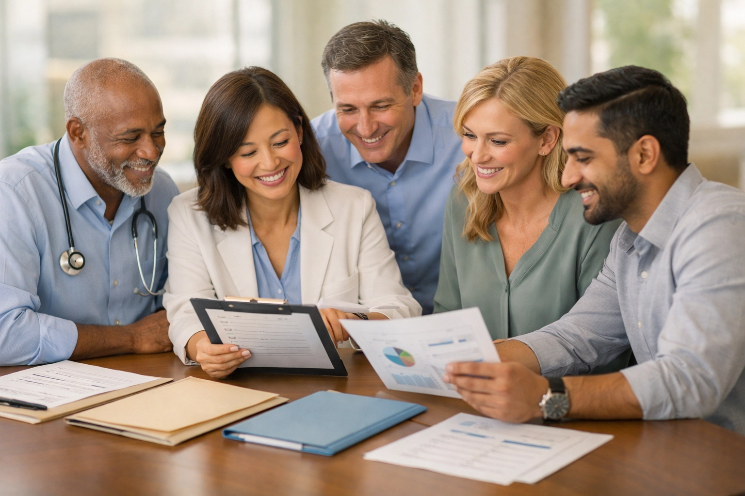 Behavioral health team collaborating on internal audit and compliance review at conference table
