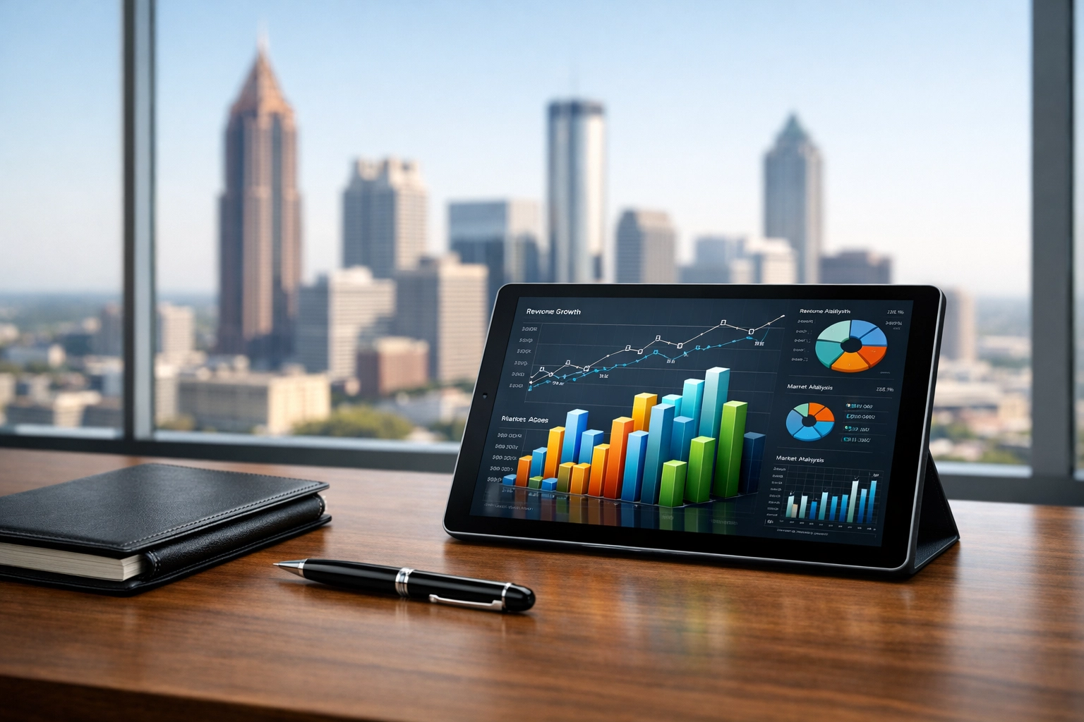 Commercial real estate investment metrics and financial charts overlooking the Midtown Atlanta skyline.