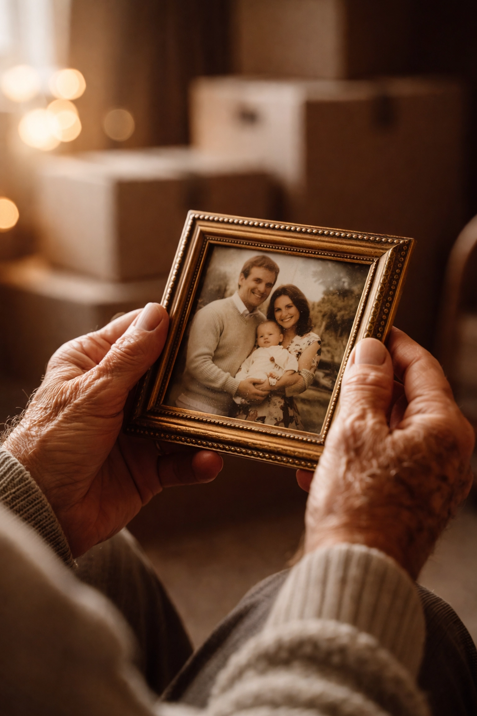 Elderly hands holding an old photo frame represent sentimental items in the home cleanout process