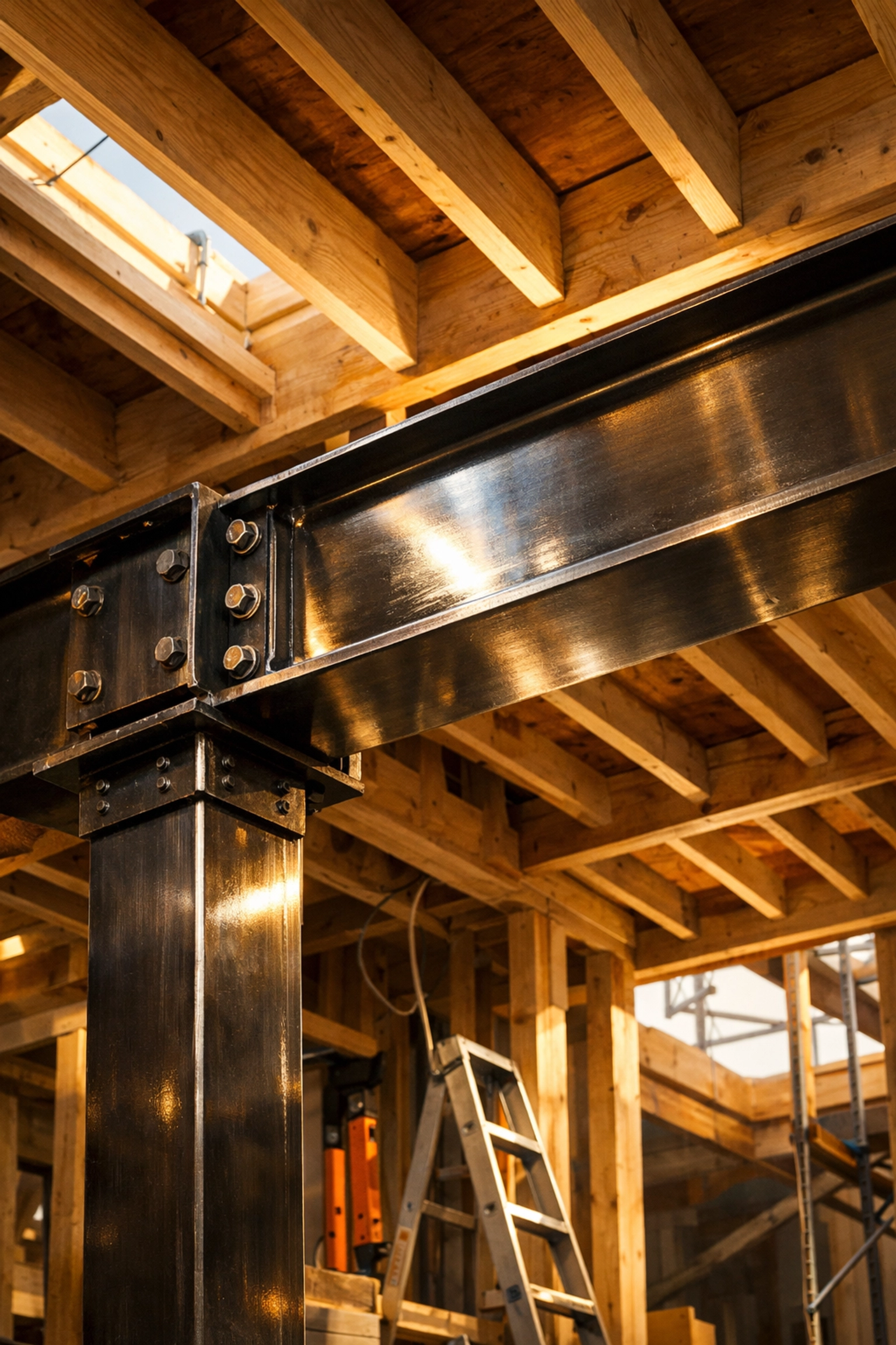 Structural steel beam installation for a vertical bungalow extension in West Sussex, showing expert craftsmanship.