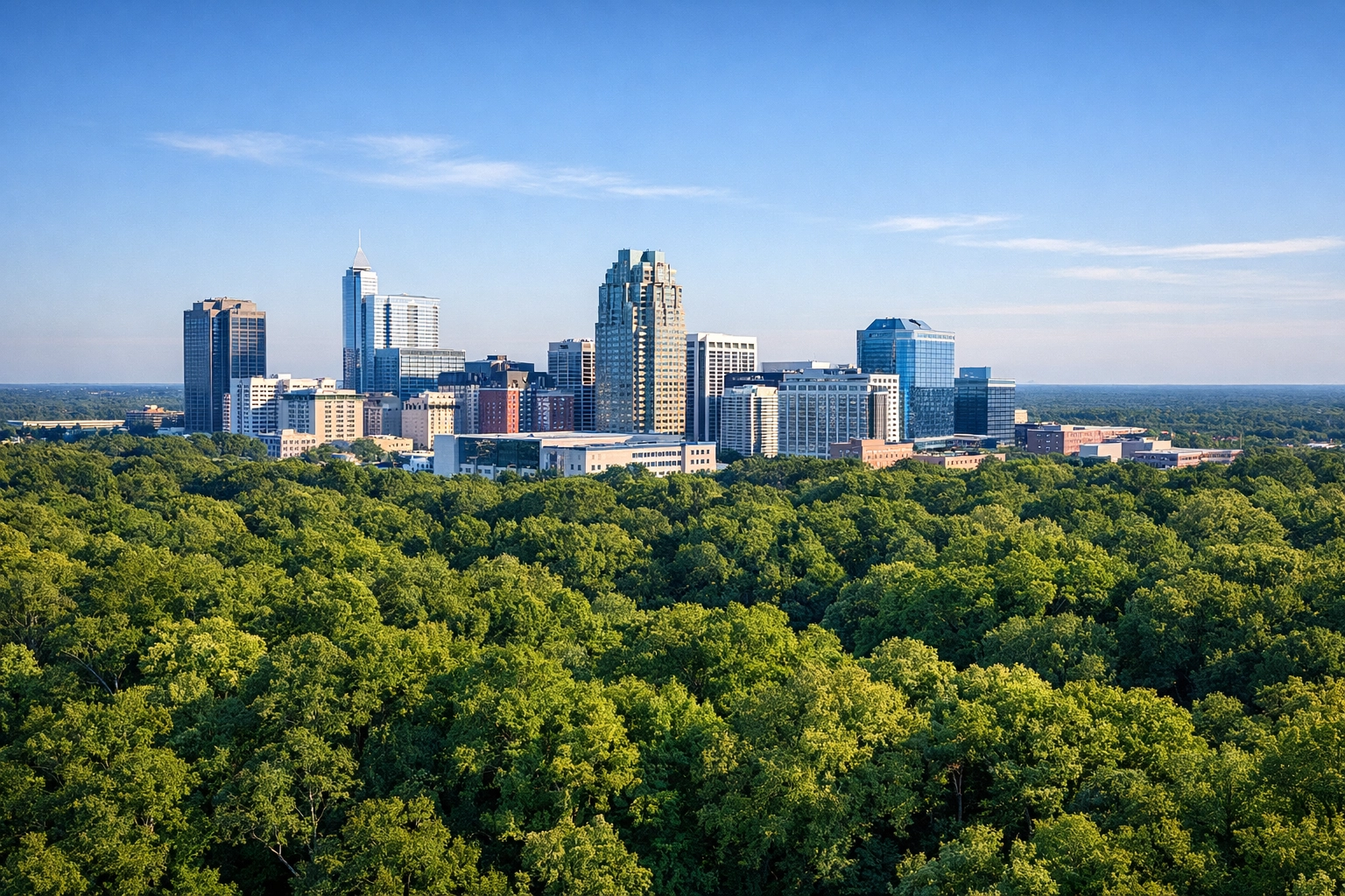Panoramic drone view of the Raleigh skyline and City of Oaks, highlighting local market growth. Panoramic drone view of the Raleigh skyline and City of Oaks, highlighting local market growth.