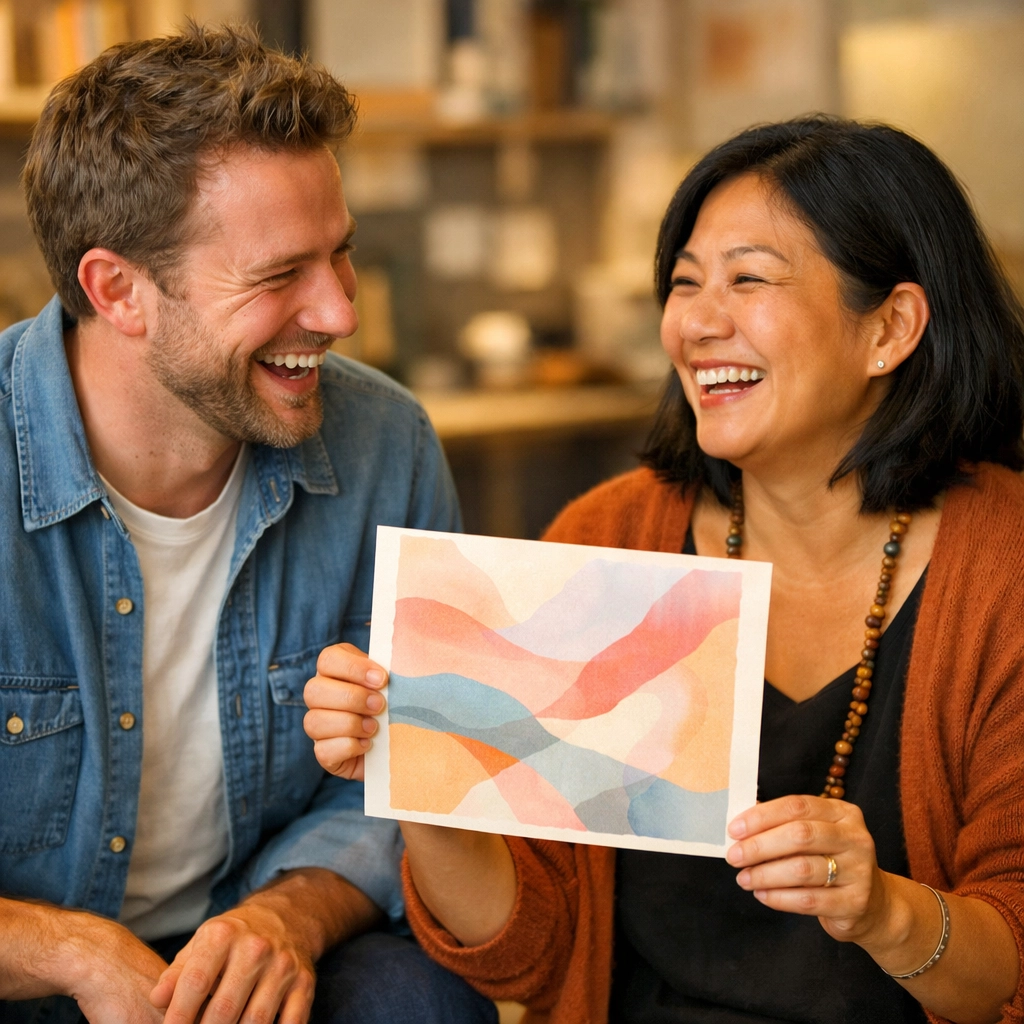 Coworkers laughing and sharing abstract art after a creative reset to improve workplace culture.