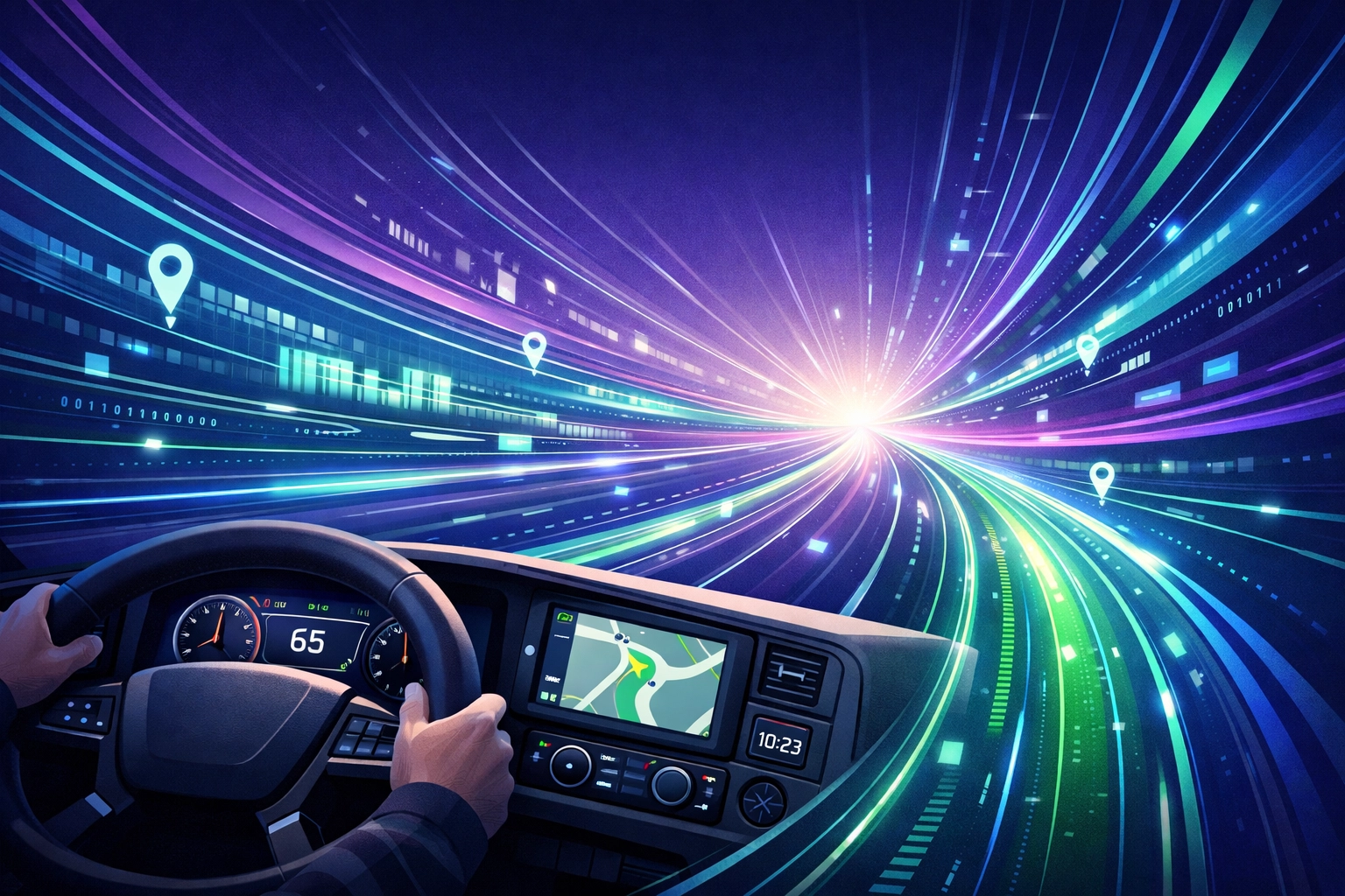 Stylized HGV dashboard representing efficient driver onboarding and logistics recruitment.