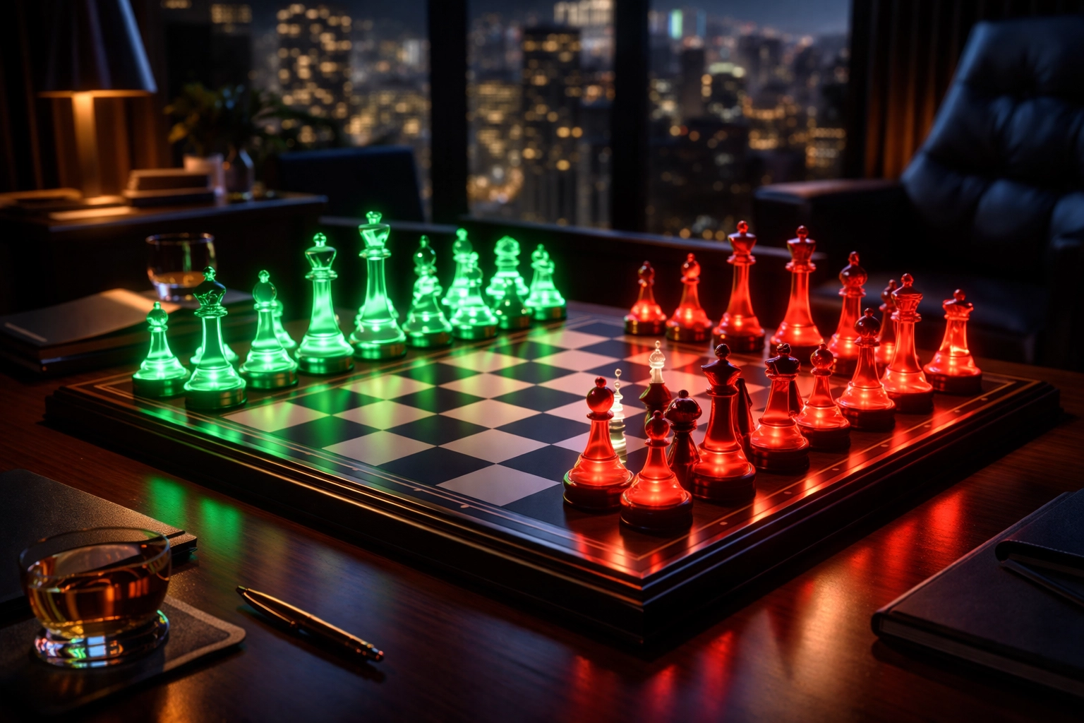 Strategic chessboard with green and red pieces illustrating equity long/short hedge fund decisions for accredited investors