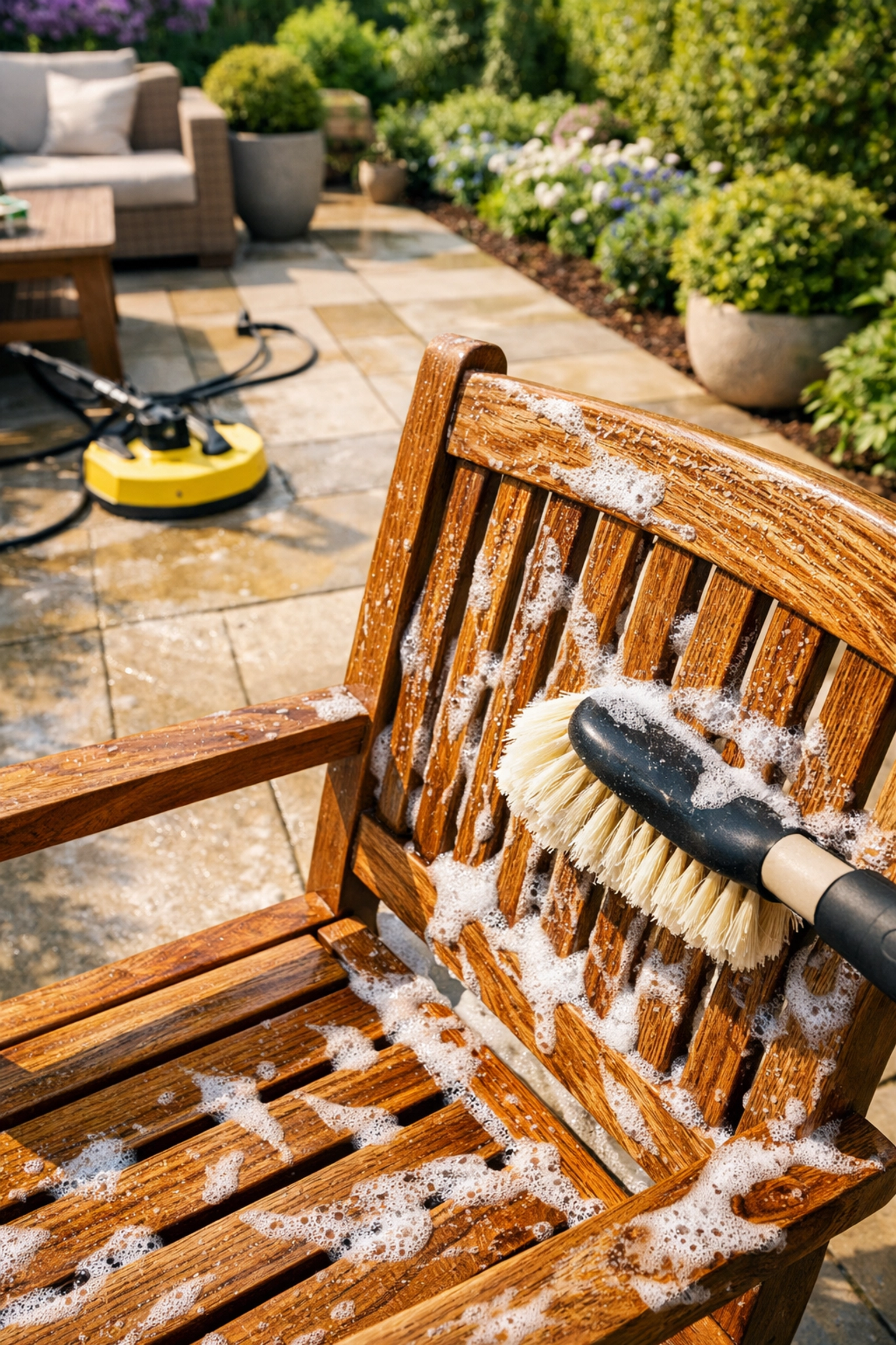 Professional cleaning of a teak outdoor chair with soap suds on a luxury stone patio.