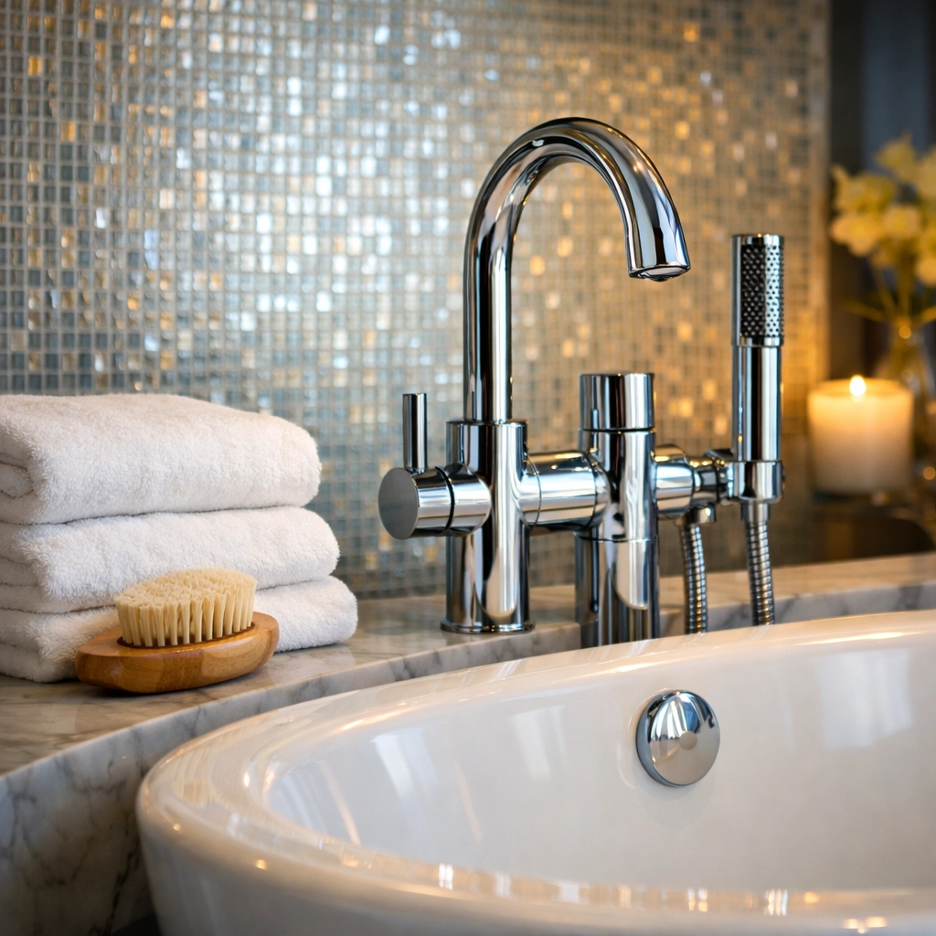 Sparkling clean luxury bathroom in Cohasset featuring a soaking tub and polished chrome from high-end cleaning services.
