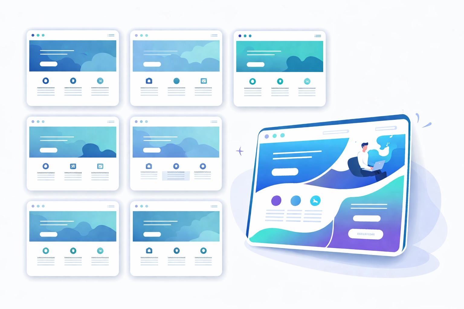 Grid of identical website templates contrasted by one unique layout, highlighting pitfalls of generic website design