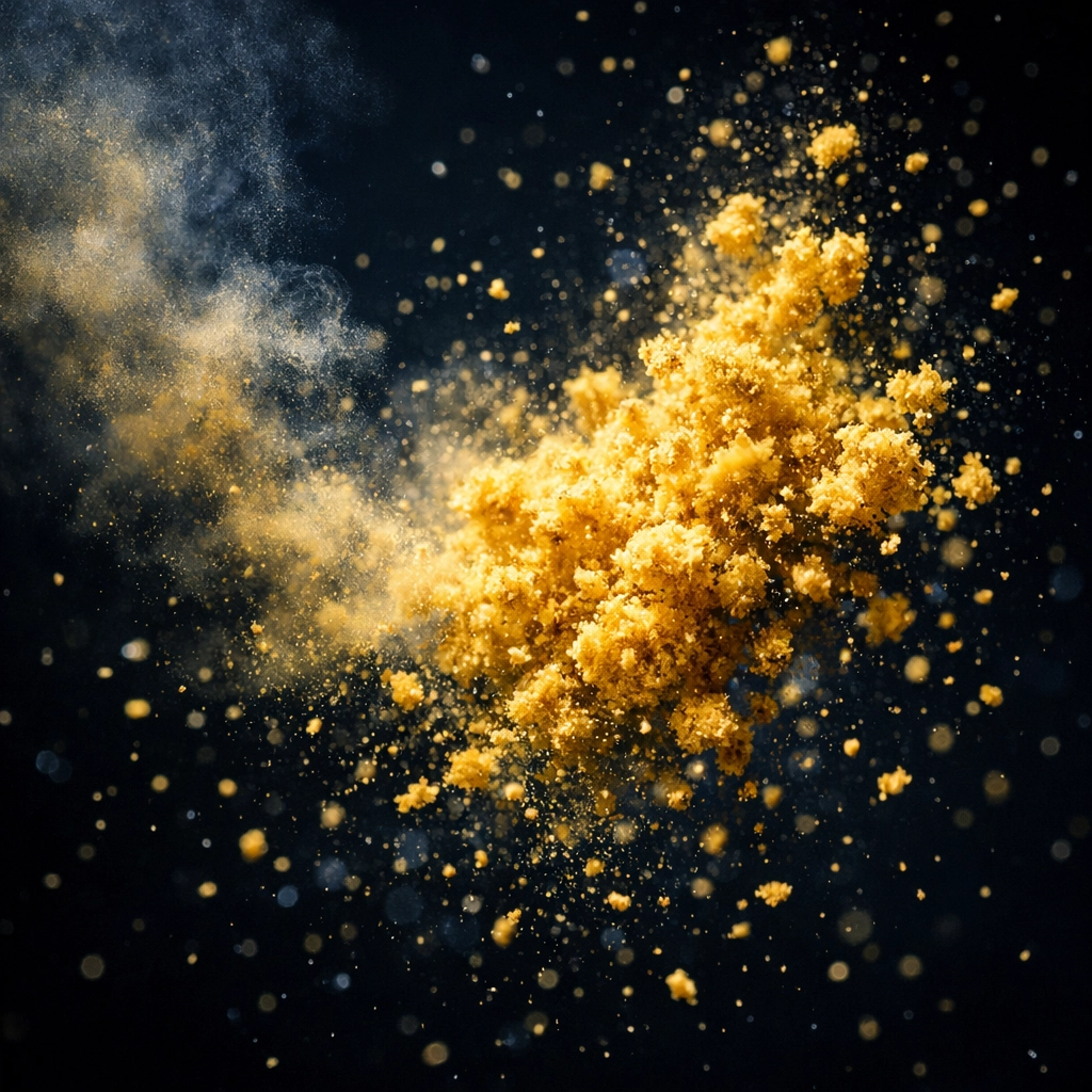 Golden particles of Solein protein powder, a sustainable food ingredient created from CO2.