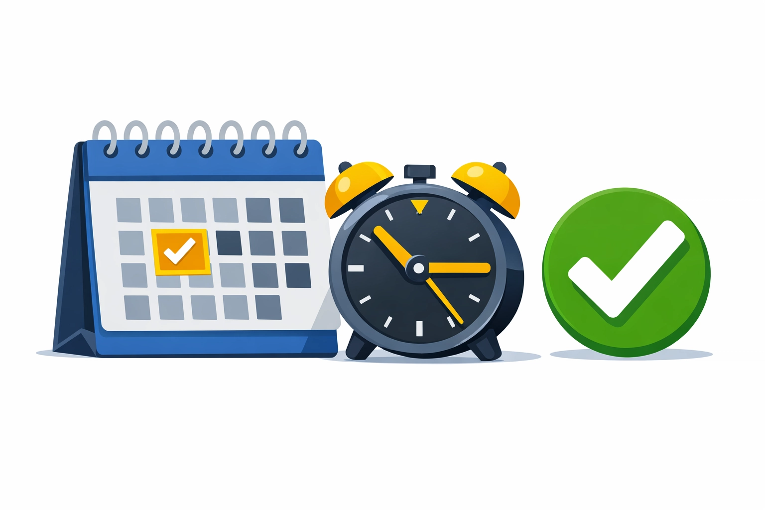 Minimalist desk calendar and clock showing a tax filing deadline with a checkmark for timely submission.