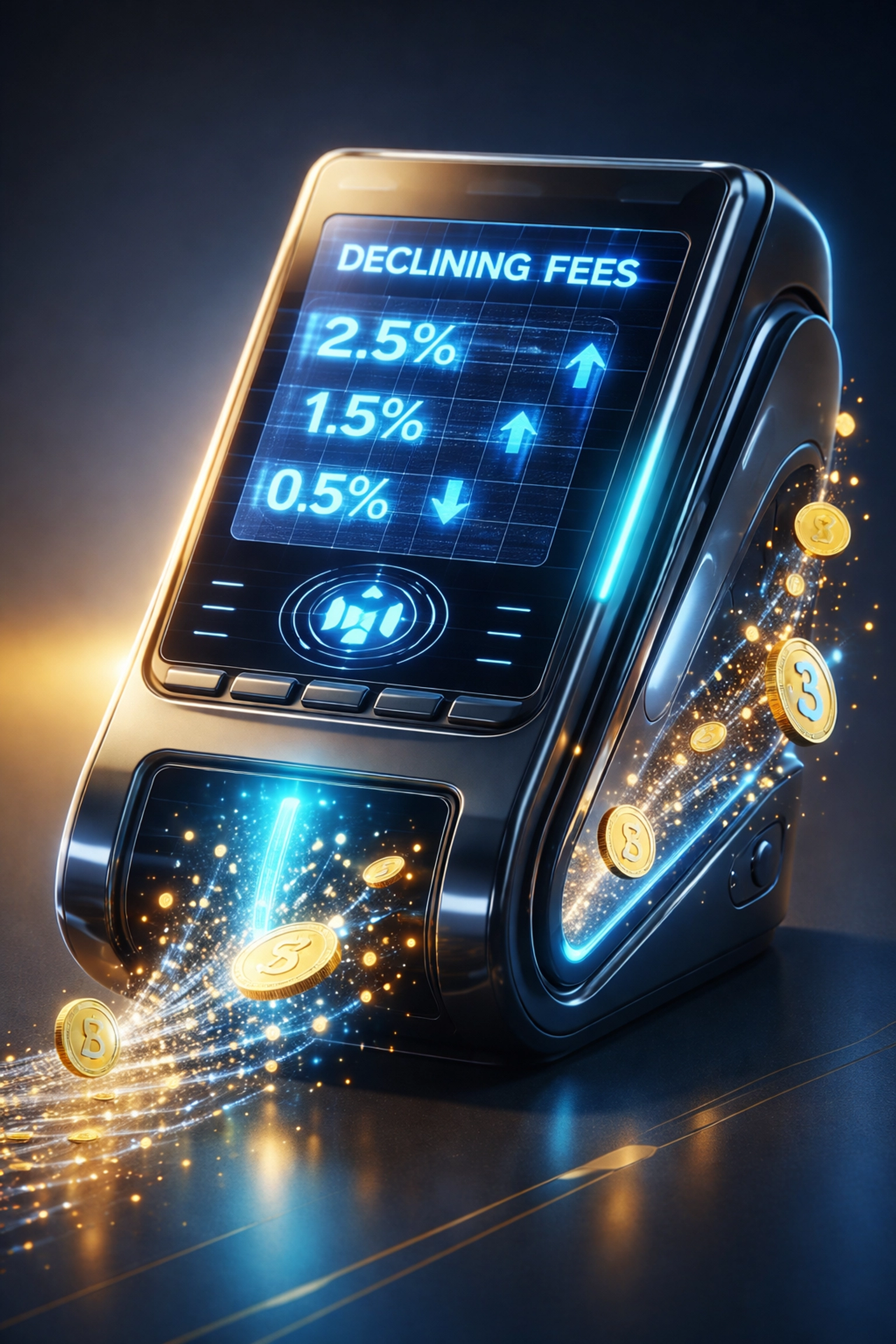Futuristic crypto payment terminal visualizing lower transaction fees with blockchain-powered payments.