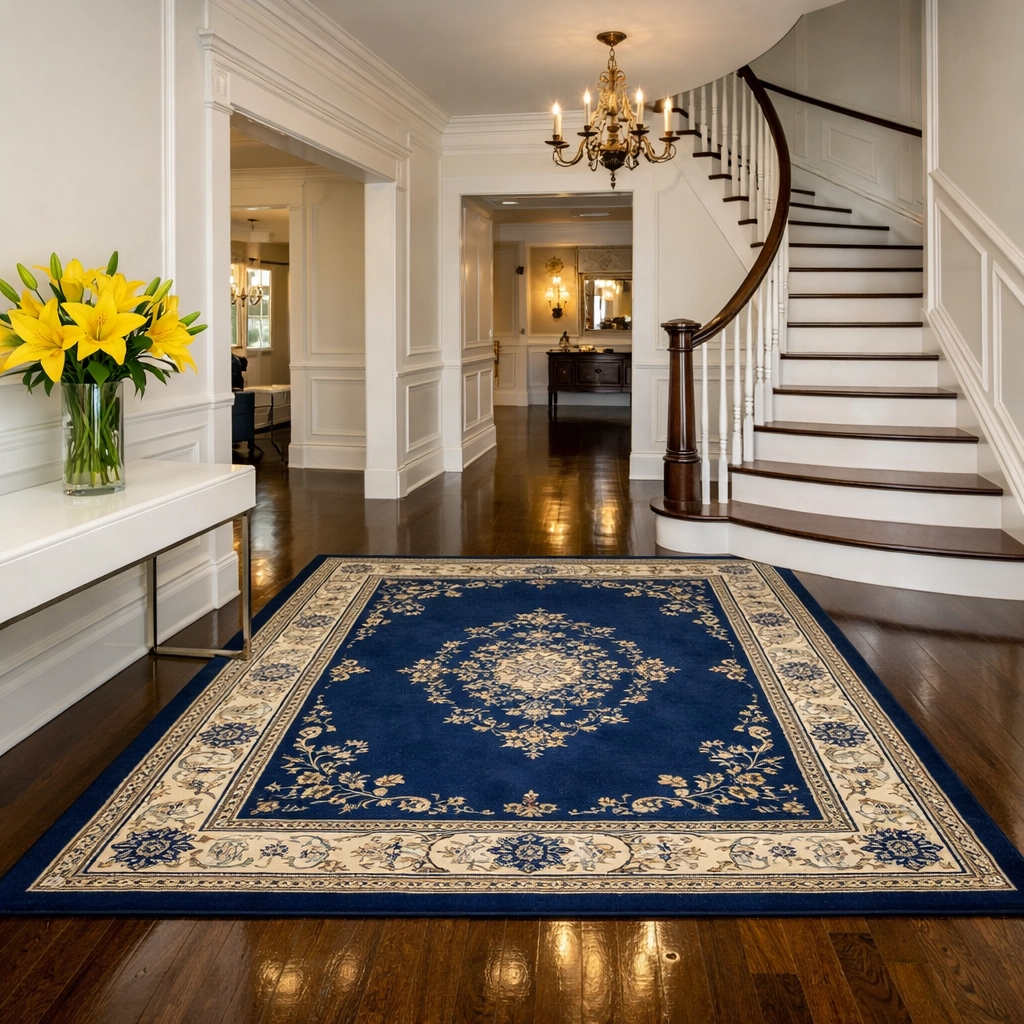 Stunning foyer with polished wood floors and a blue rug from trusted house cleaning services MA.