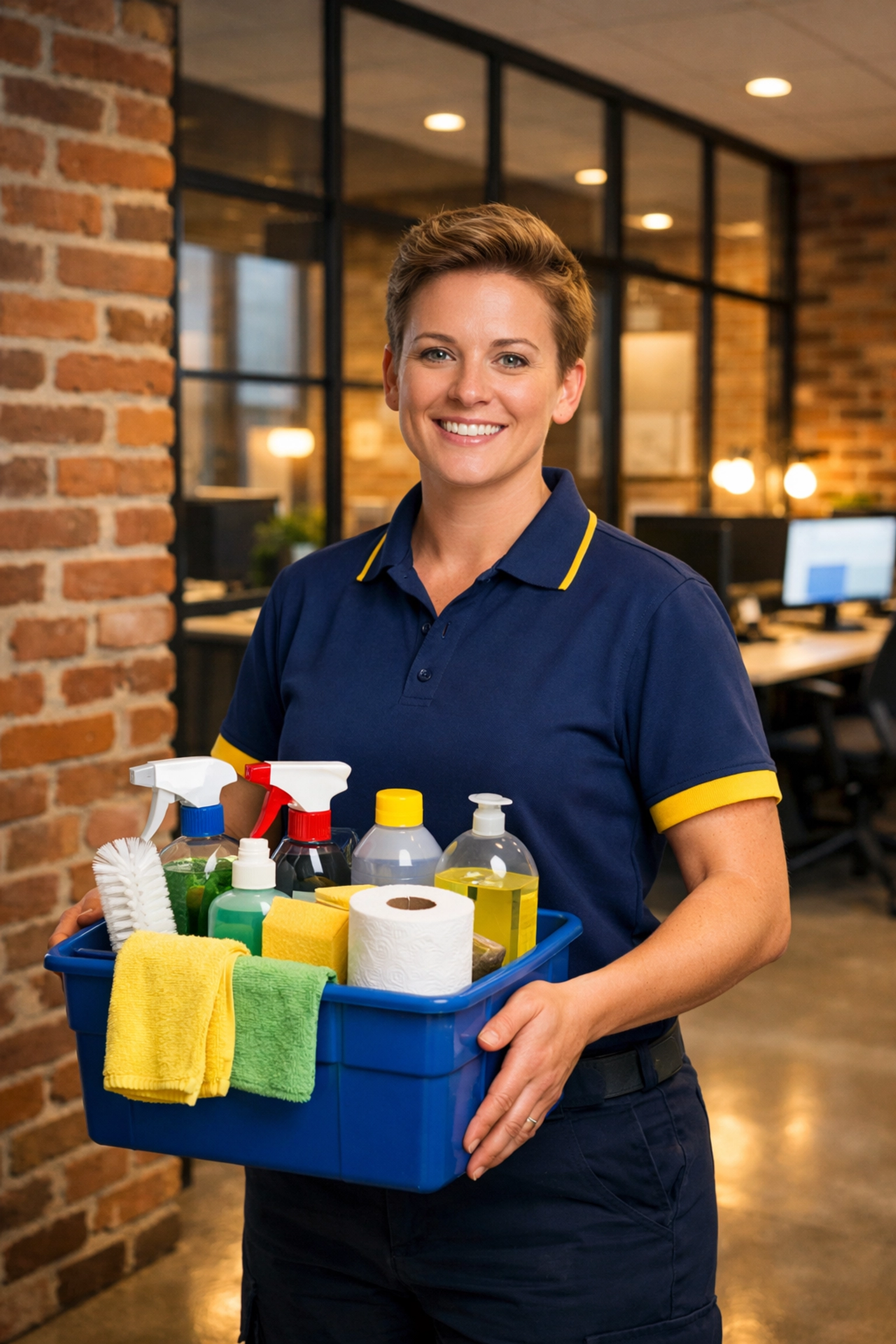 Professional office cleaning Worcester specialist with a supply caddy in a sanitized modern industrial office.