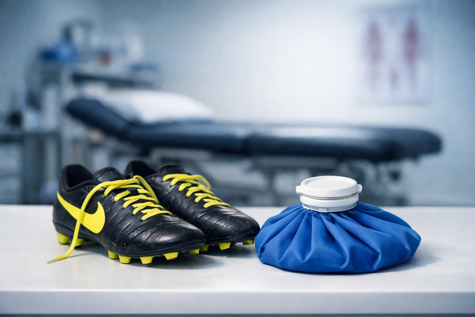 Fußballschuhe und Eispack nach Spielerverletzung in der Physiotherapie