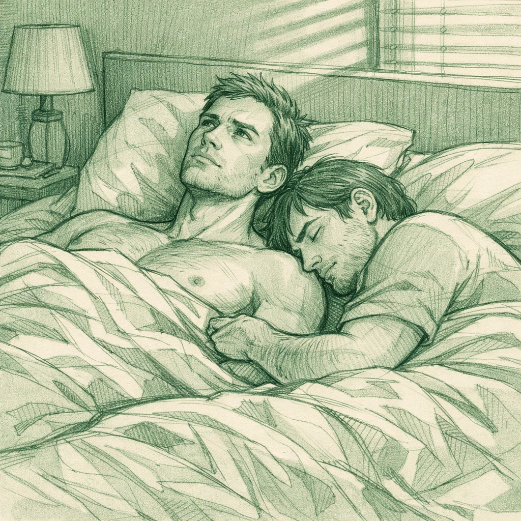 Morning after intimacy scene with two men in hotel bed exploring bisexual relationship complexity