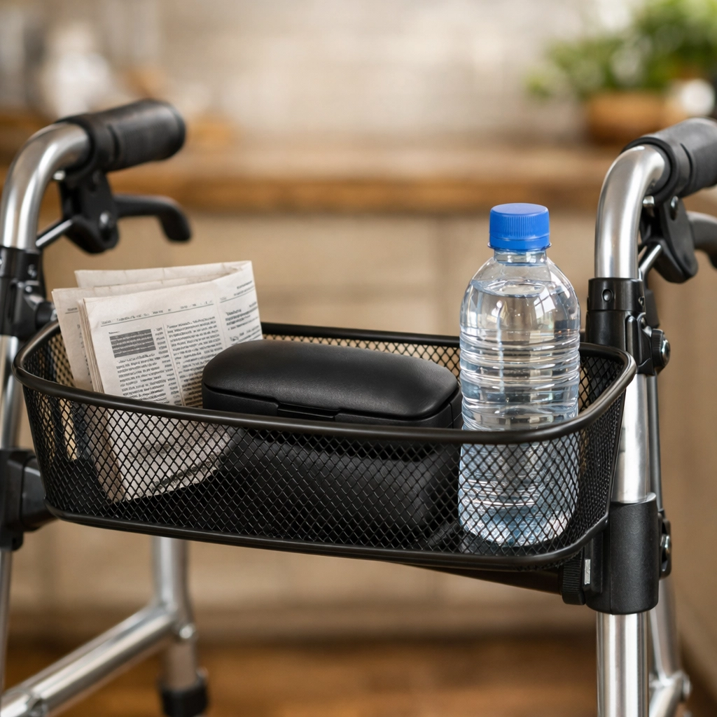 A walker with a front storage basket carrying items safely so the user can keep both hands on the grips.