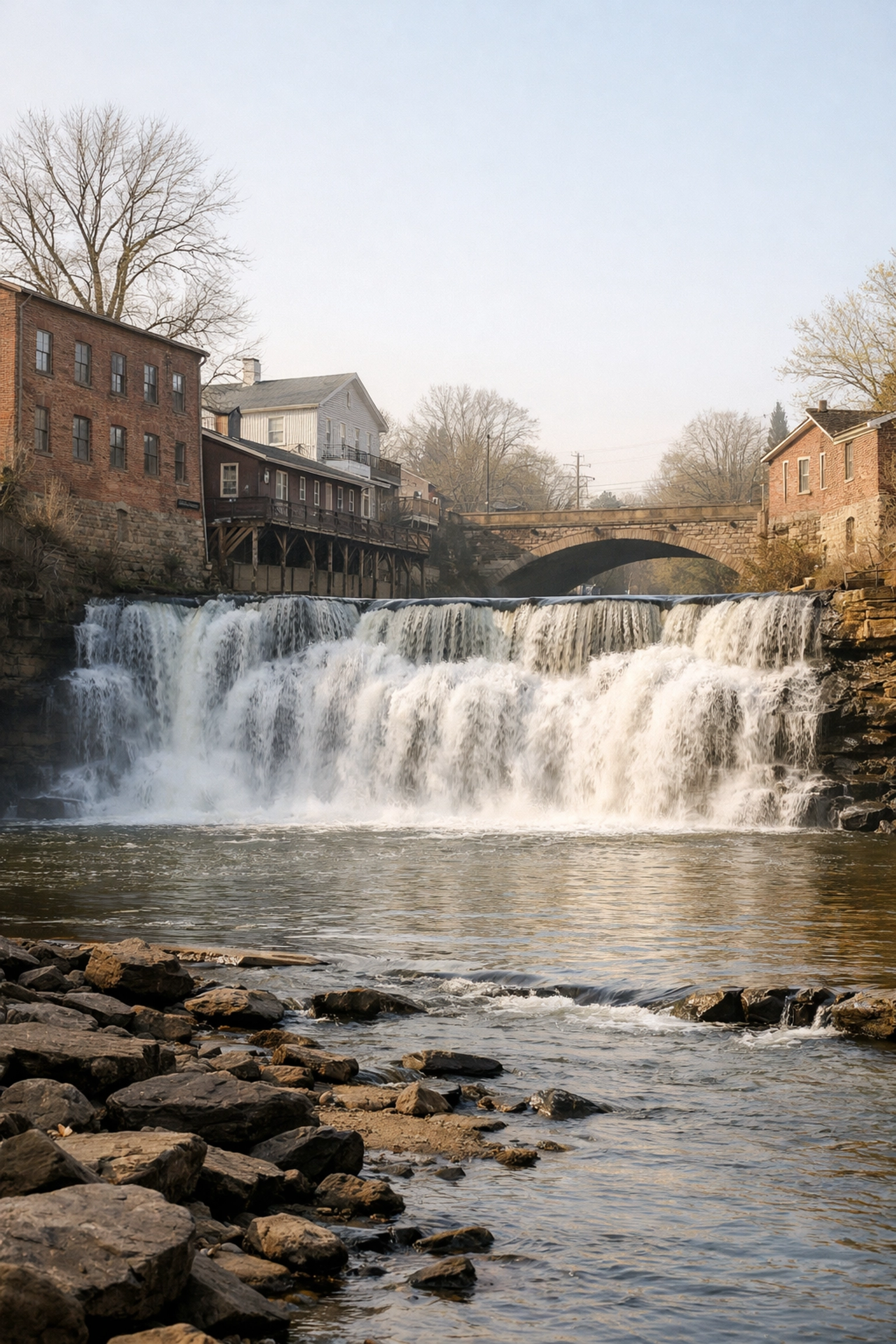 The iconic Chagrin Falls waterfall and historic brick architecture in the heart of the village center.